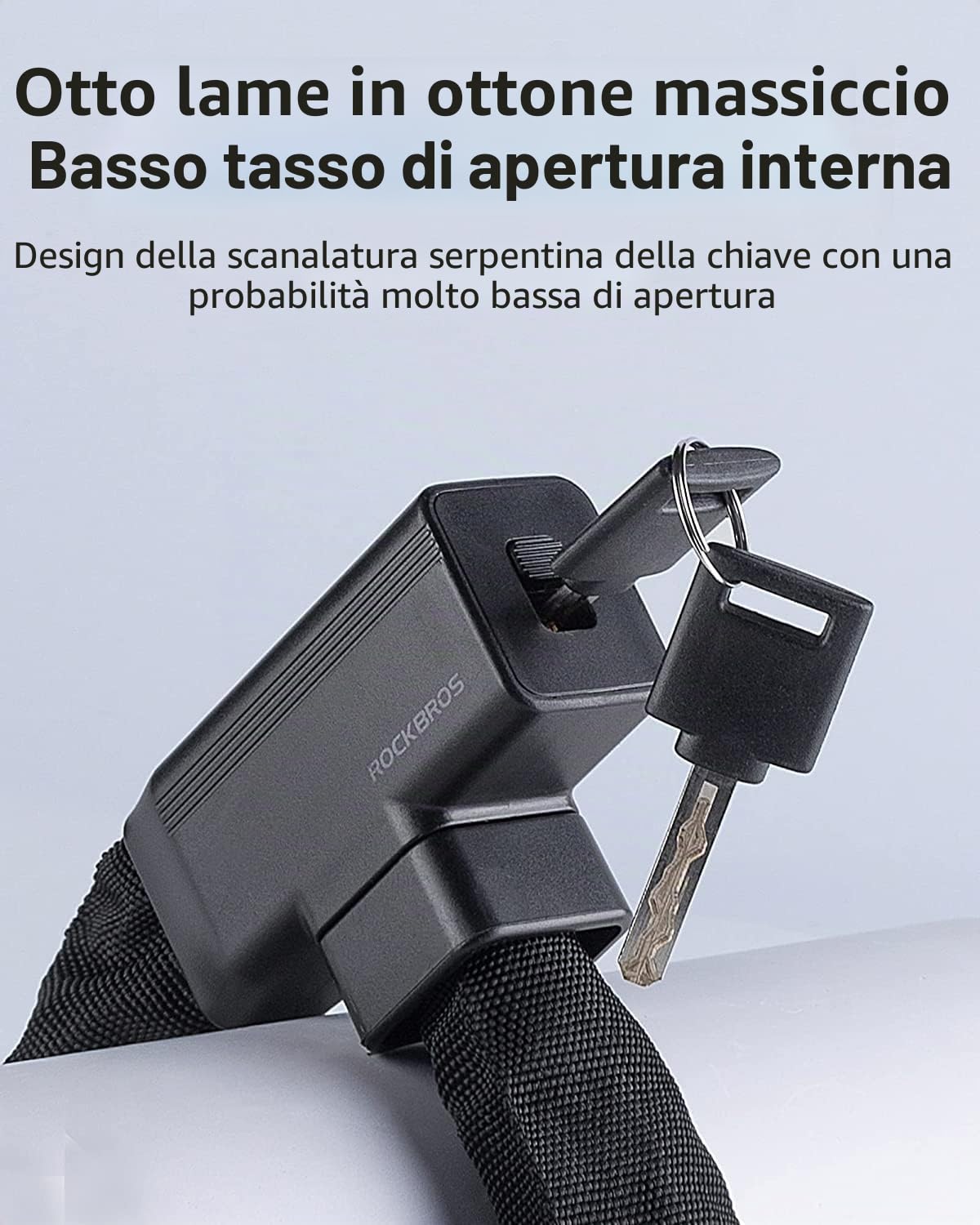ROCKBROS Catena Bici Antifurto, Lucchetto a Catena in Acciaio, per Bicicletta MTB Moto Scooter E-bike, con Chiavi, Antitaglio Sicuro, 97cm x 8mm