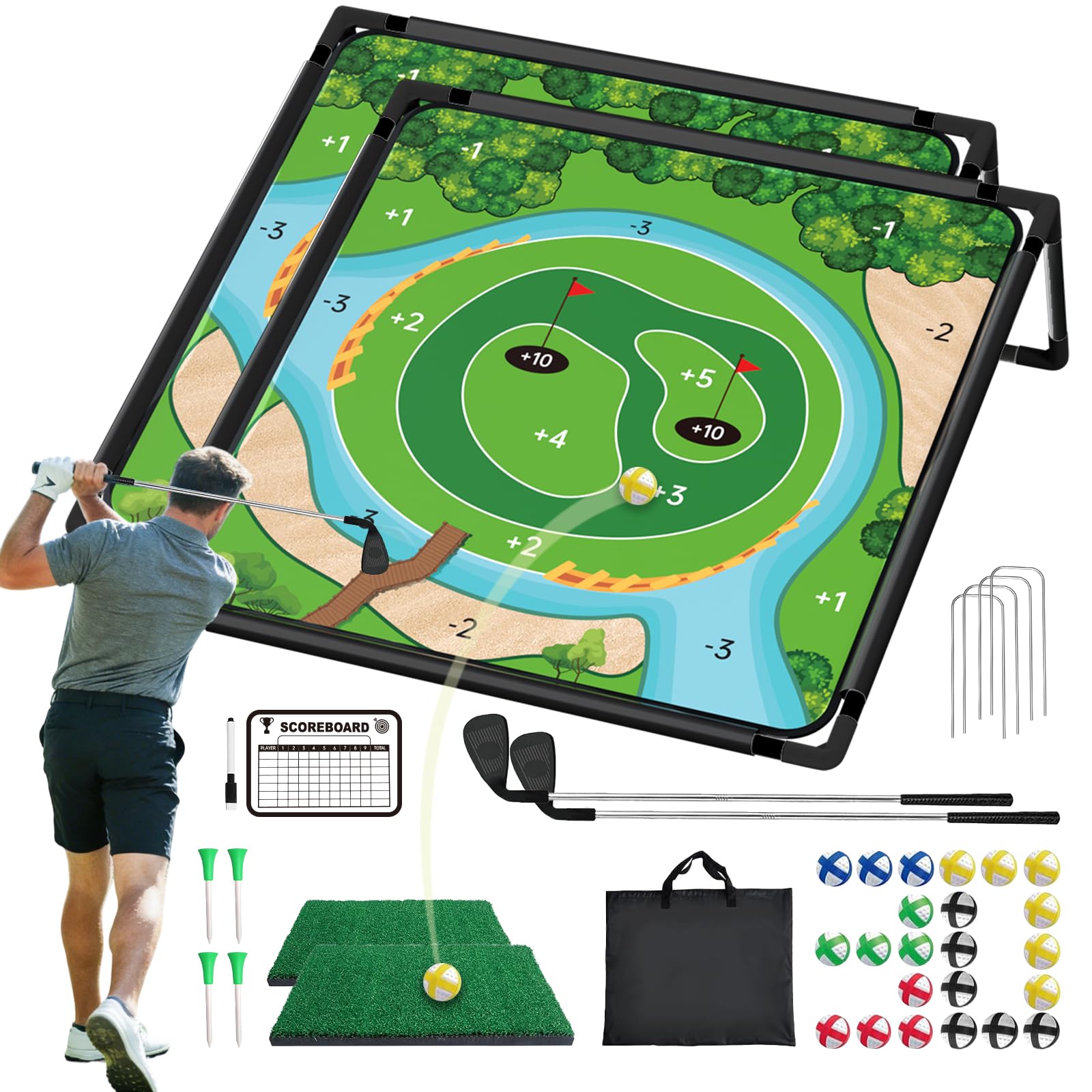 2 Pack Golf Chipping Game - Portable Golf Practice Set for Indoor &amp; Outdoor Lawn Play! Enjoy Backyard, Beach &amp; Office Parties - Fantastic Golf Gifts for Men+ 2Golf Clubs