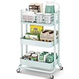 KINGRACK 3 Tier Rolling Cart, Metal Mobile Storage Shelf with Lockable Wheels, Prevent Falling Utility Trolley Cart, Storage Organizer for Kitchen, Office, Bathroom, Dorm, Green