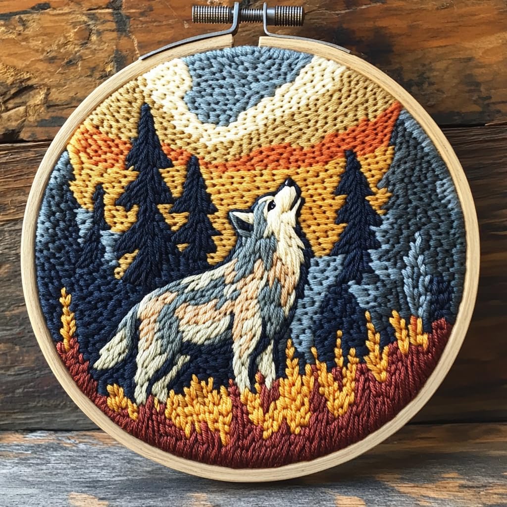 DIY Punch Needle Kits Wolf and Tree Easy for Beginners Punch Needle Embroidery Set with Hoop Stamped Pattern for Craft Lovers and Home Decor-2