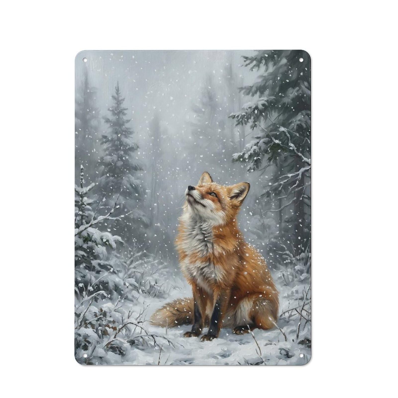 Junmoney Style-22 Fox In A Snowy Forest Tin Sign 40X30cm For Workshop Wall, Vintage Wall Decor, For Metal Sign Collectors, For Garage And Workshop Walls