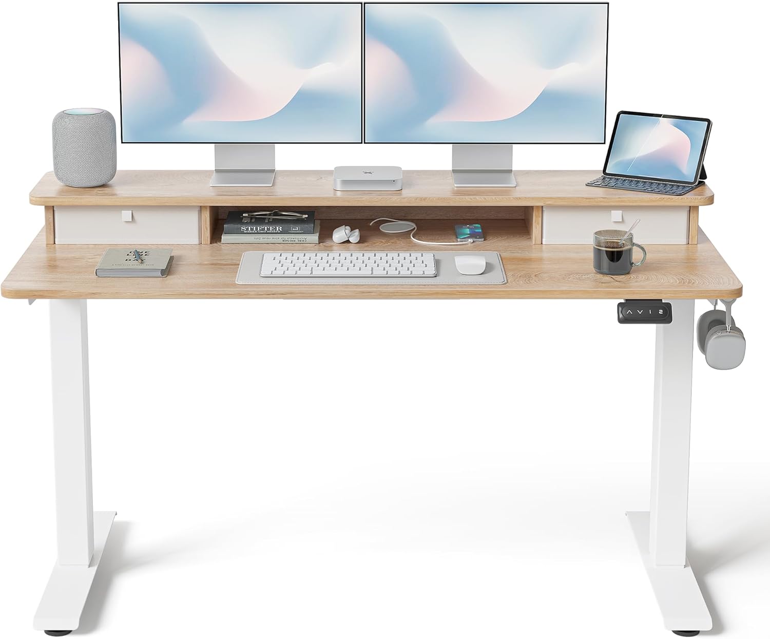 FEZIBO 55 x 24 Inch Height Adjustable Electric Standing Desk with Double Drawer, Stand up Home Office Computer Desk with 4 Height-Adjustable Feets & 2 Hooks, Maple