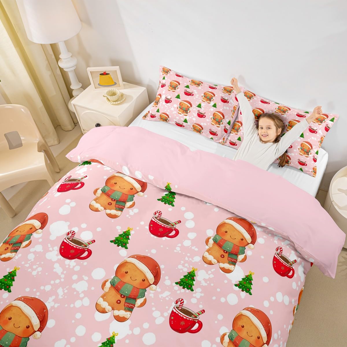Homewish Różowa świąteczna poszewka na kołdrę podwójny rozmiar uroczy piernikowy człowiek poszewka na kołdrę zima choinka zestaw pościeli Merry Christmas zestaw pościeli