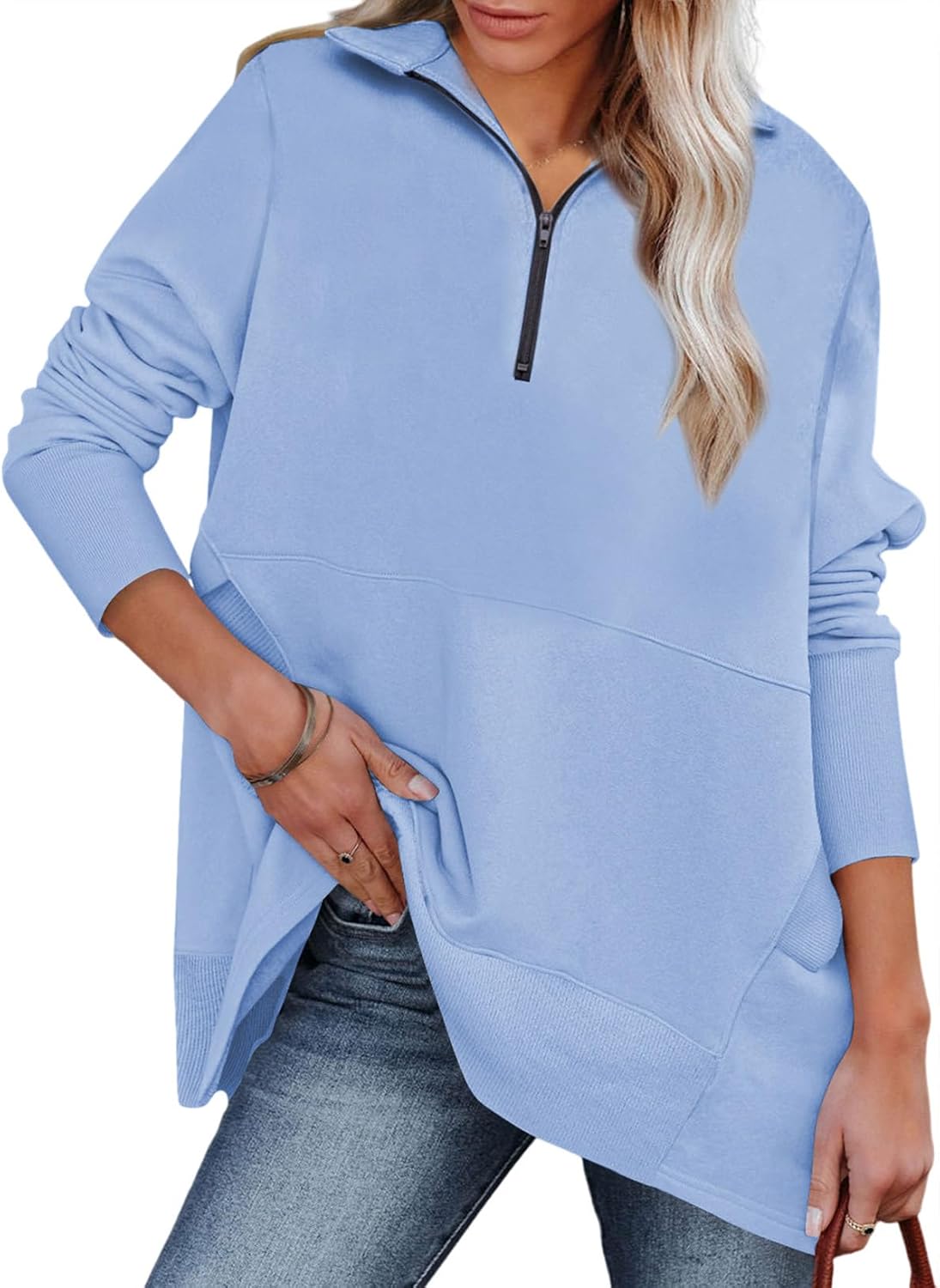 Dokotoo Women's Casual Oversized Half Zip Sweatshirts Long Sleeve Solid Color Pullover Jackets with Pockets