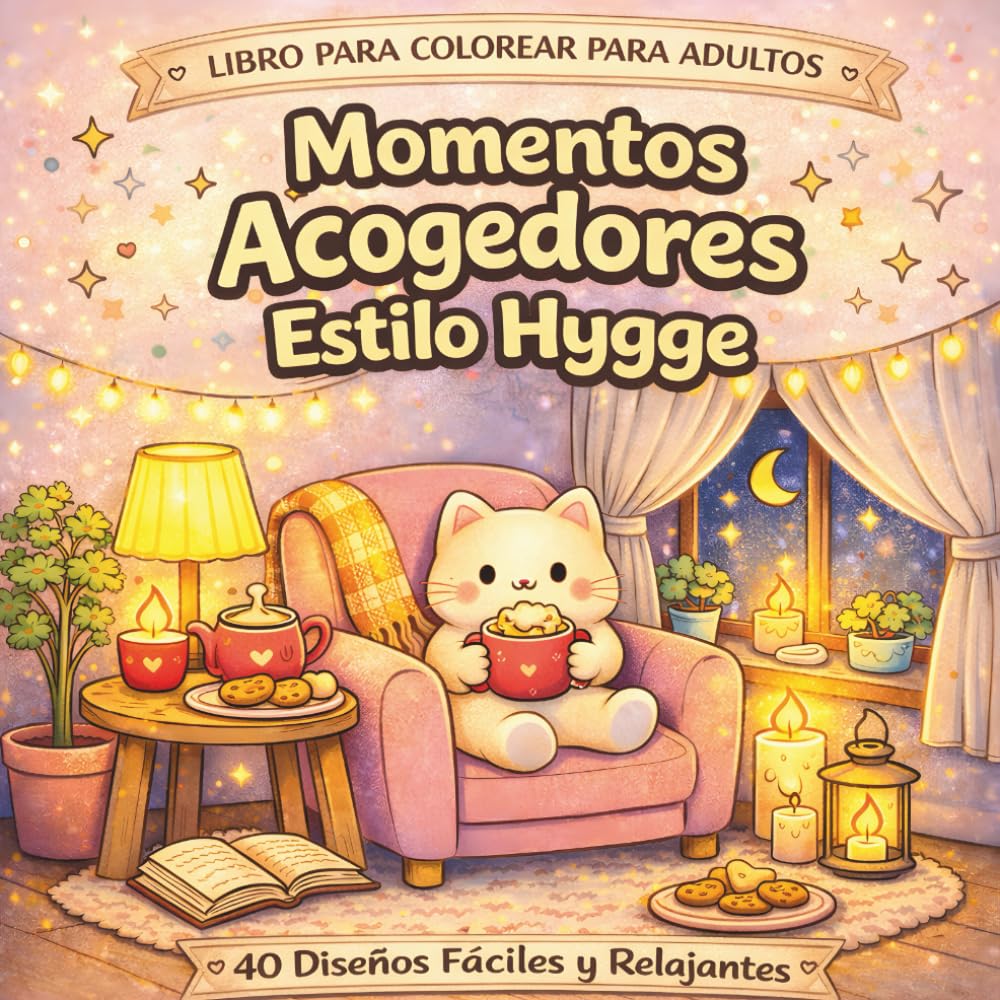 Momentos Acogedores Estilo Hygge para Colorear: Libro para Colorear para Adultos con 40 Diseños Fáciles y Relajantes para Reducir el Estrés