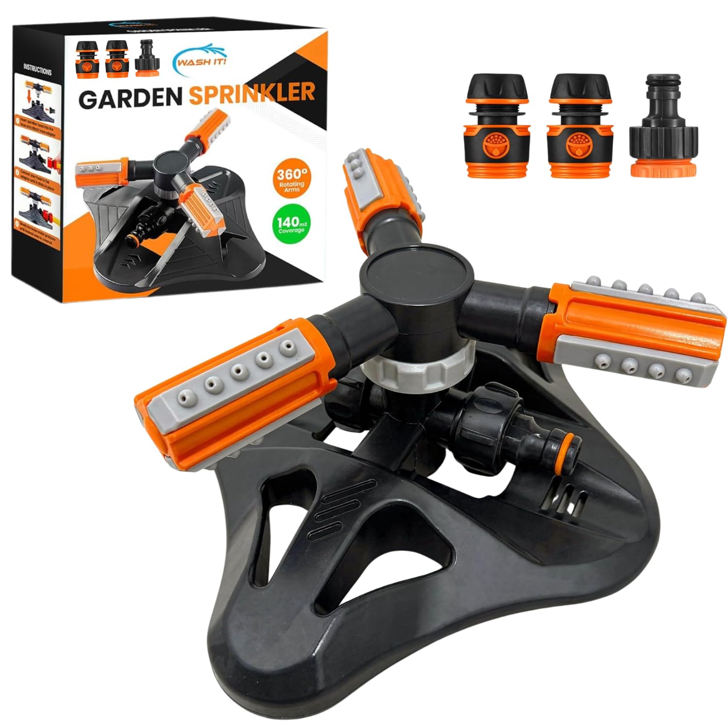 3 Arm Rotating Garden Sprinkler Hose Attachment - 360 Degree Water Sprinkler Garden Watering System with 3 Hose Connectors - Hosepipe Attachment and Fittings for Grass Watering