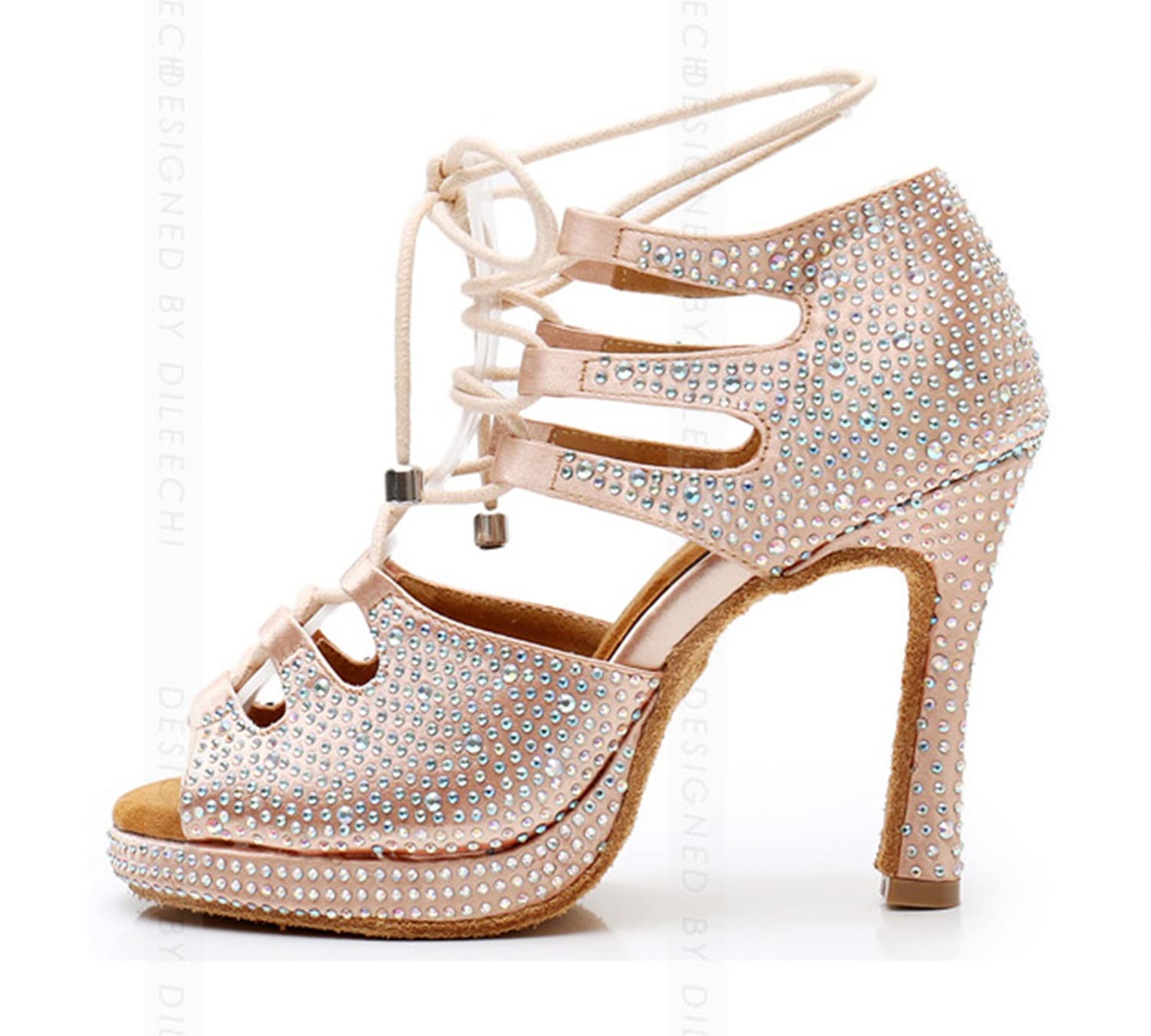 Sandalias modernas de baile latino con cordones para mujer, para boda, fiesta, L425 Plataforma Beige Tacón de 10 cm, 39 EU