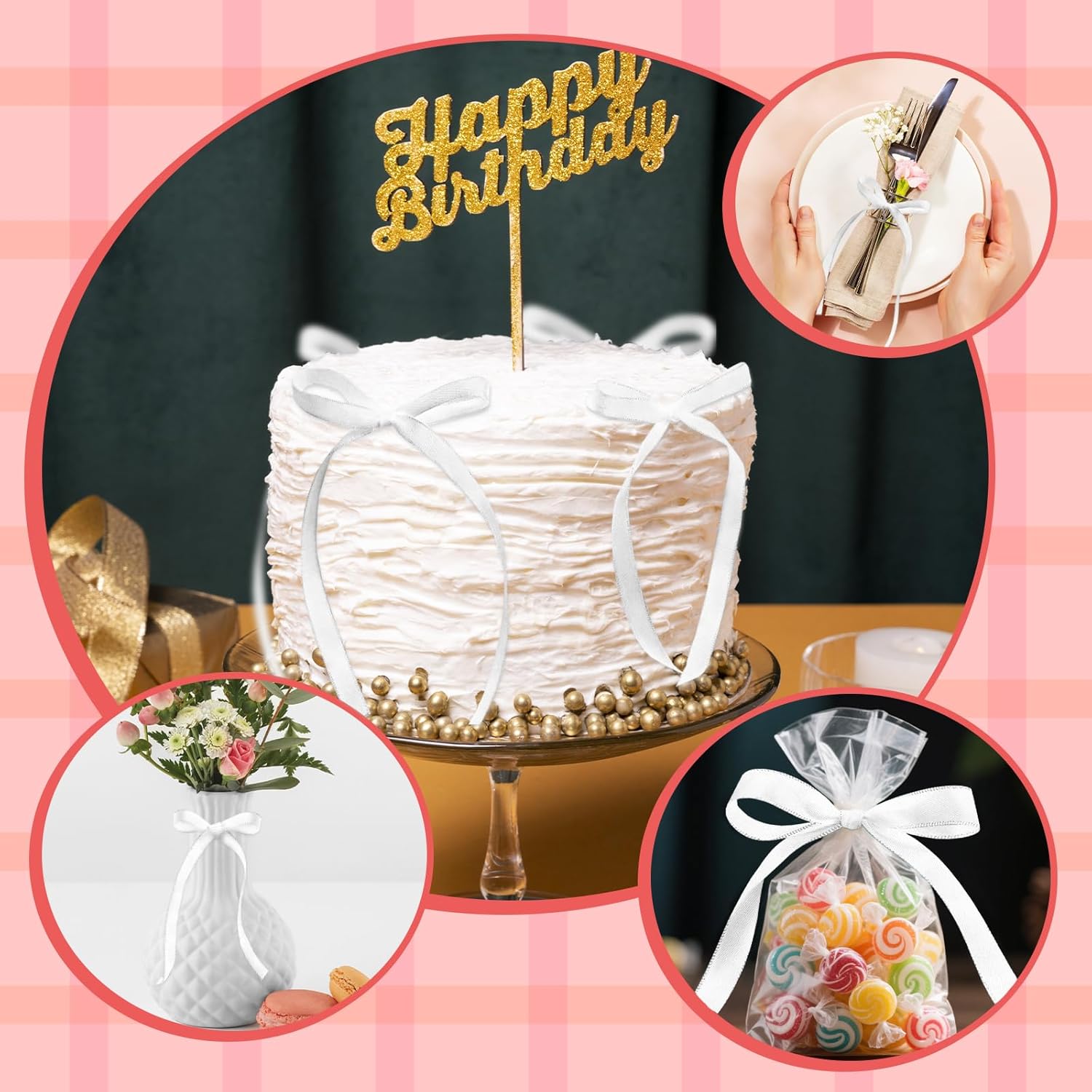 ABTOLS 50pcs Satin Ribbon Bow for Christmas Tree, Satin Ribbon Bows for Gift Wrapping Cake Treat Bags Party Favors Wedding Baby Shower Birthday Decorations(White) - Image 3