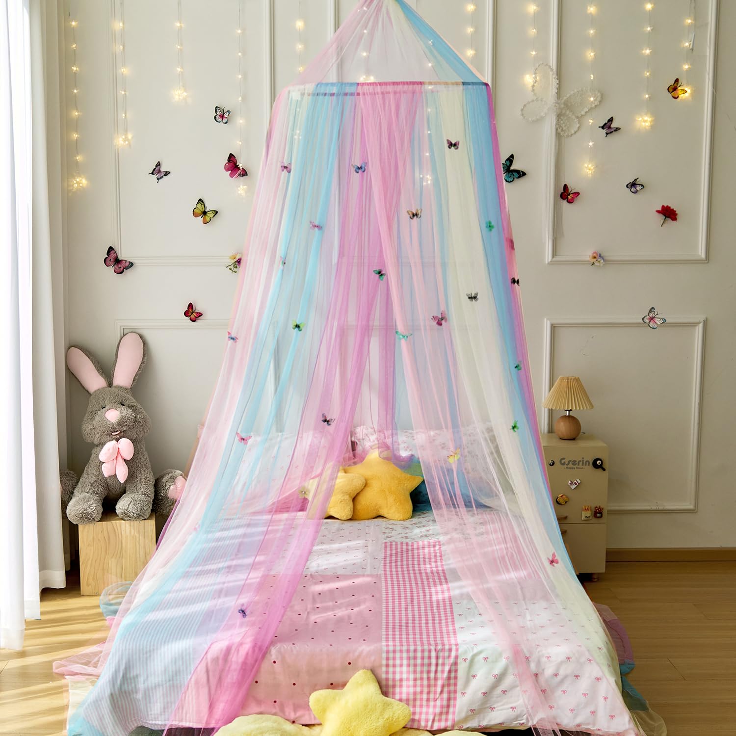 Wnqou Rainbow Bed Canopy for Girls,X-Large Princess Canopy Hanging Netting Bedroom Decor for Girls Mosquito Net for Baby Crib Twin to King Size Bed (Rainbow+butterfly) - Image 4
