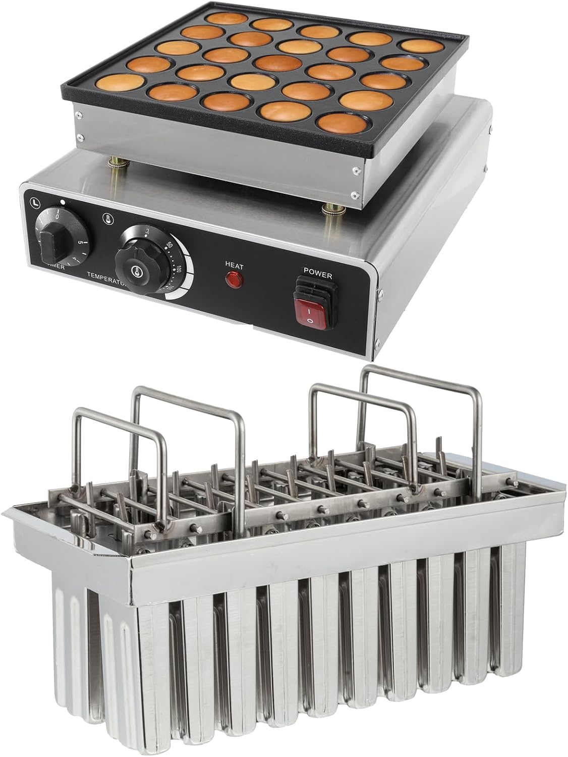 Dyna-Living 25PCS Commercial Mini Pancake Maker & Commercial Popsicle Molds 20PCS Flat Heads with Double-slot