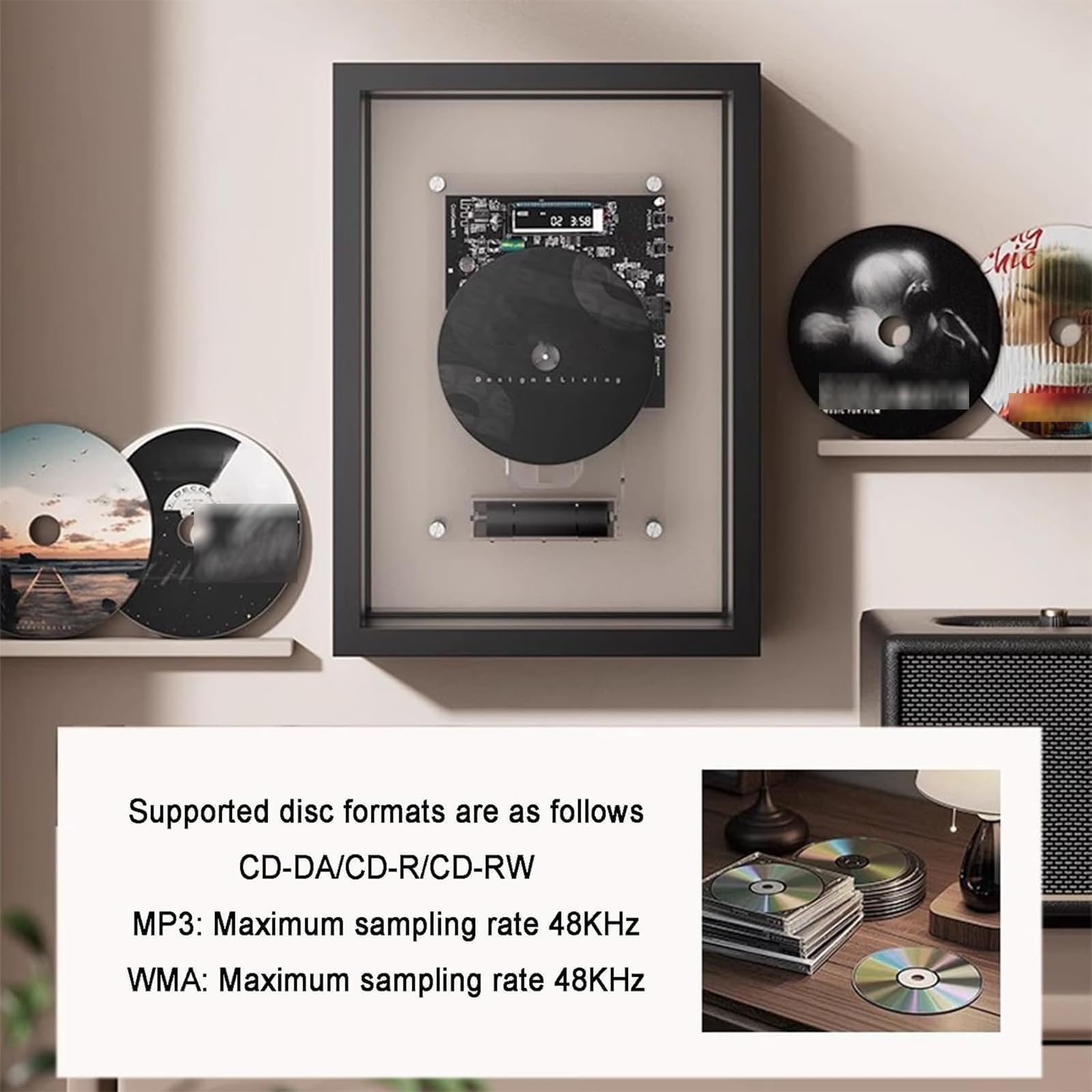 Lettore CD Decorativo, Cornice Musicale con Telecomando, Bluetooth 5.0/Uscita AUX 3,5 Mm, 2 Opzioni di Posizionamento, per Casa, Ufficio e Galleria