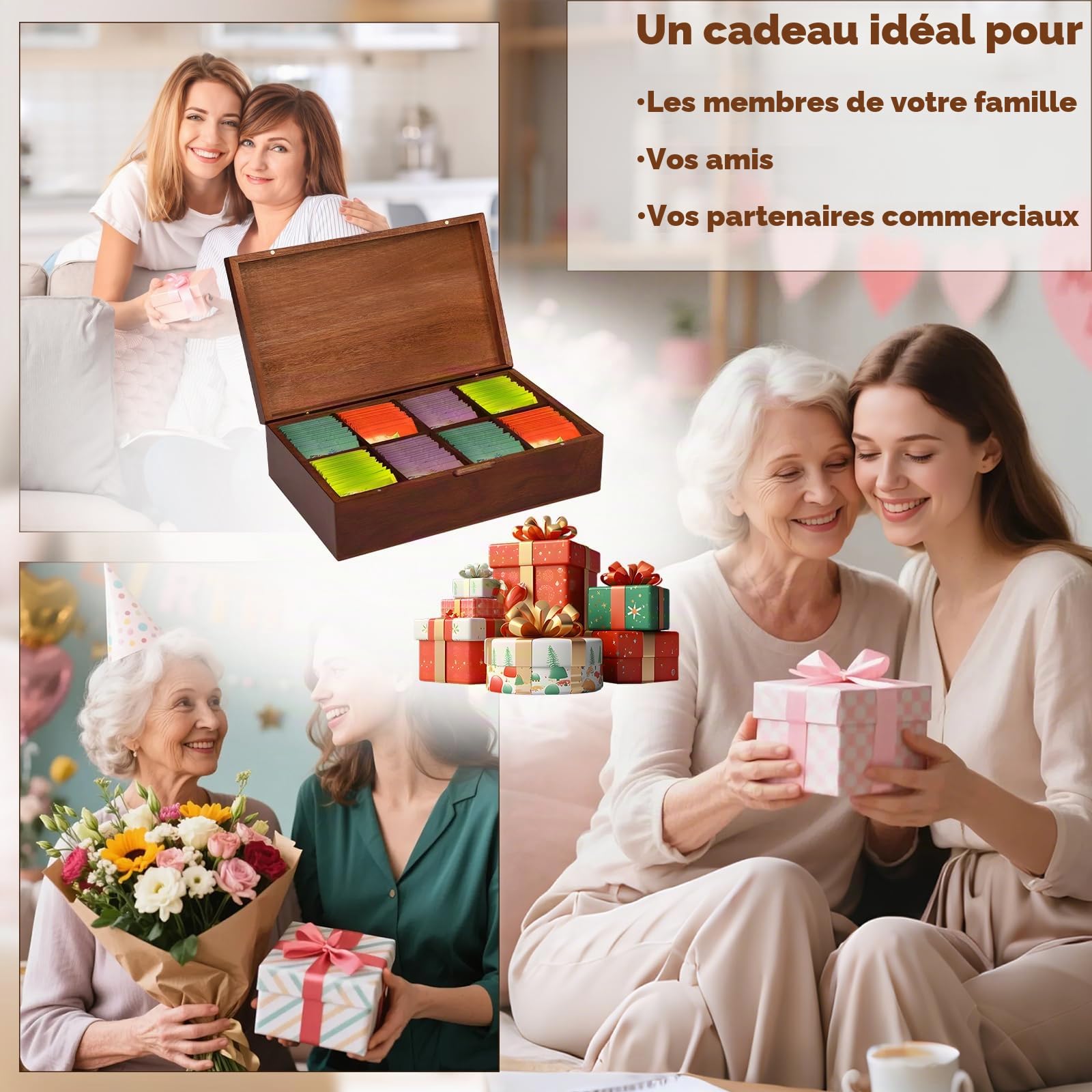 Boîte à Thé en Bois avec 8 Compartiments, Rangement pour Sachets de Thé