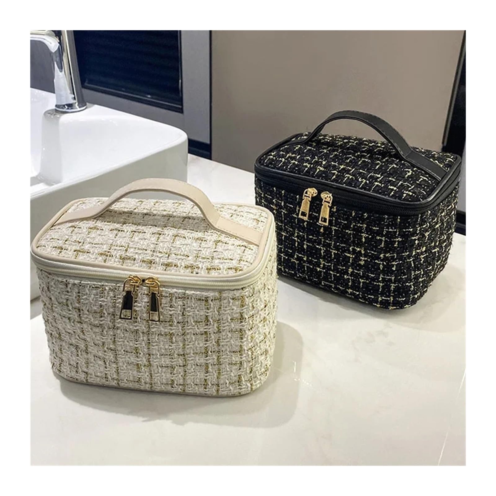 Bolsa Maquillaje Bolso de Mujer, Bolso de Maquillaje de Estilo Tejido, portátil, Bolsa de Maquillaje portátil, Bolsa de Almacenamiento Grande de Moda