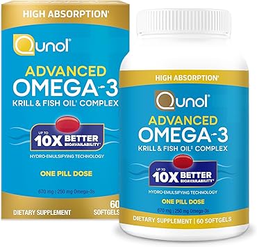 Qunol Advanced Omega 3 Krill and Fish Oil Complex, 10x Better Bioavailability, One Pill Dose, 250mg EPA & DHA, Supports Brain, Eye, Heart and Joint Health, 60 Count Pack of 1