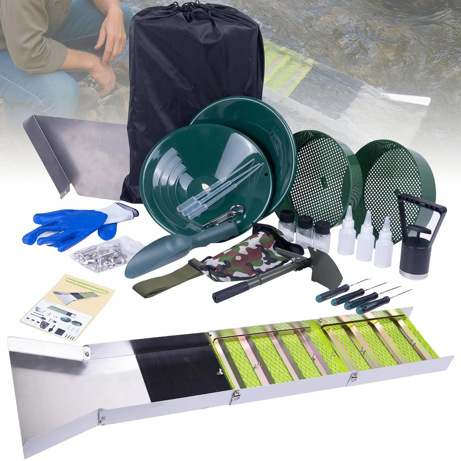 Kit Completo Per La Ricerca De-ll'oro Da 27 Pezzi Con Canaletta Di Lavaggio Pieghevole Da 50", Attrezzatura Portatile In Lega Di Alluminio Per La Prospezione, Include Setaccio Classificatore