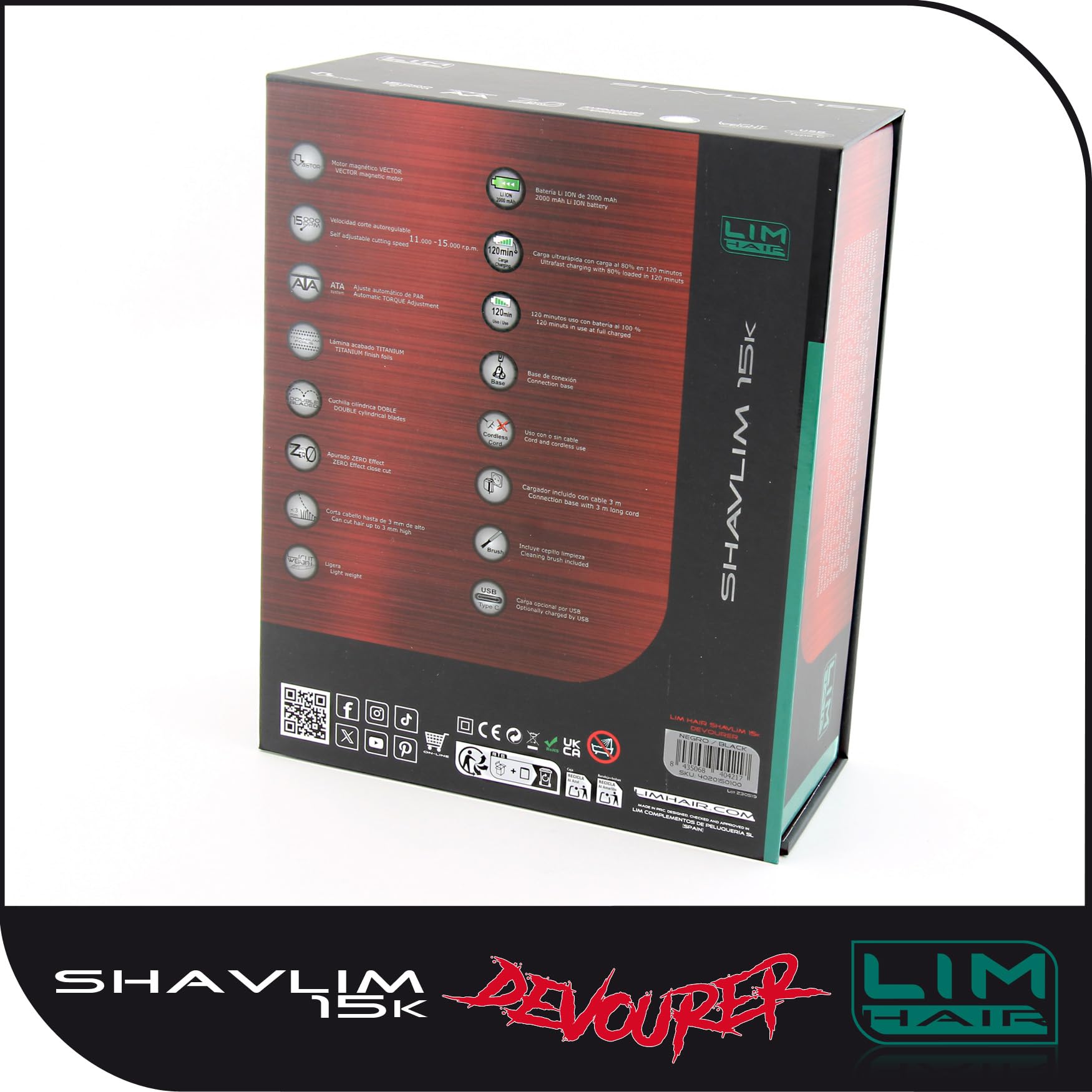 Afeitadora profesional LIM HAIR SHAVLIM 15k DEVOURER para profesionales cualificados. Motor VECTOR 15.000 rpm, Doble cuchilla Titanio hipoalergénico, ZERO Effect, Batería Litio, Sistema control par