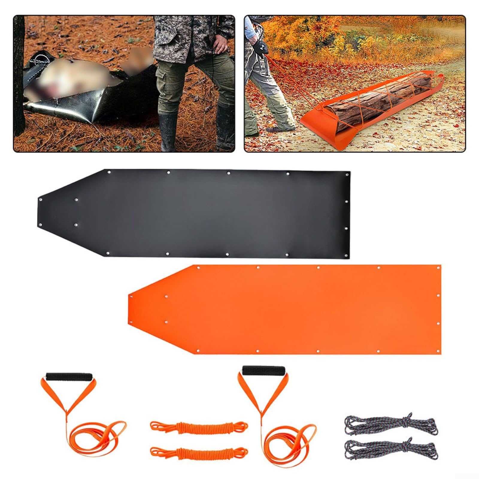 HpLive Kit de luge de chasse en polyéthylène résistant avec corde de traction de 140 cm et cordes en nylon, charge maximale : 226 kg, 185 × 58 cm (noir)