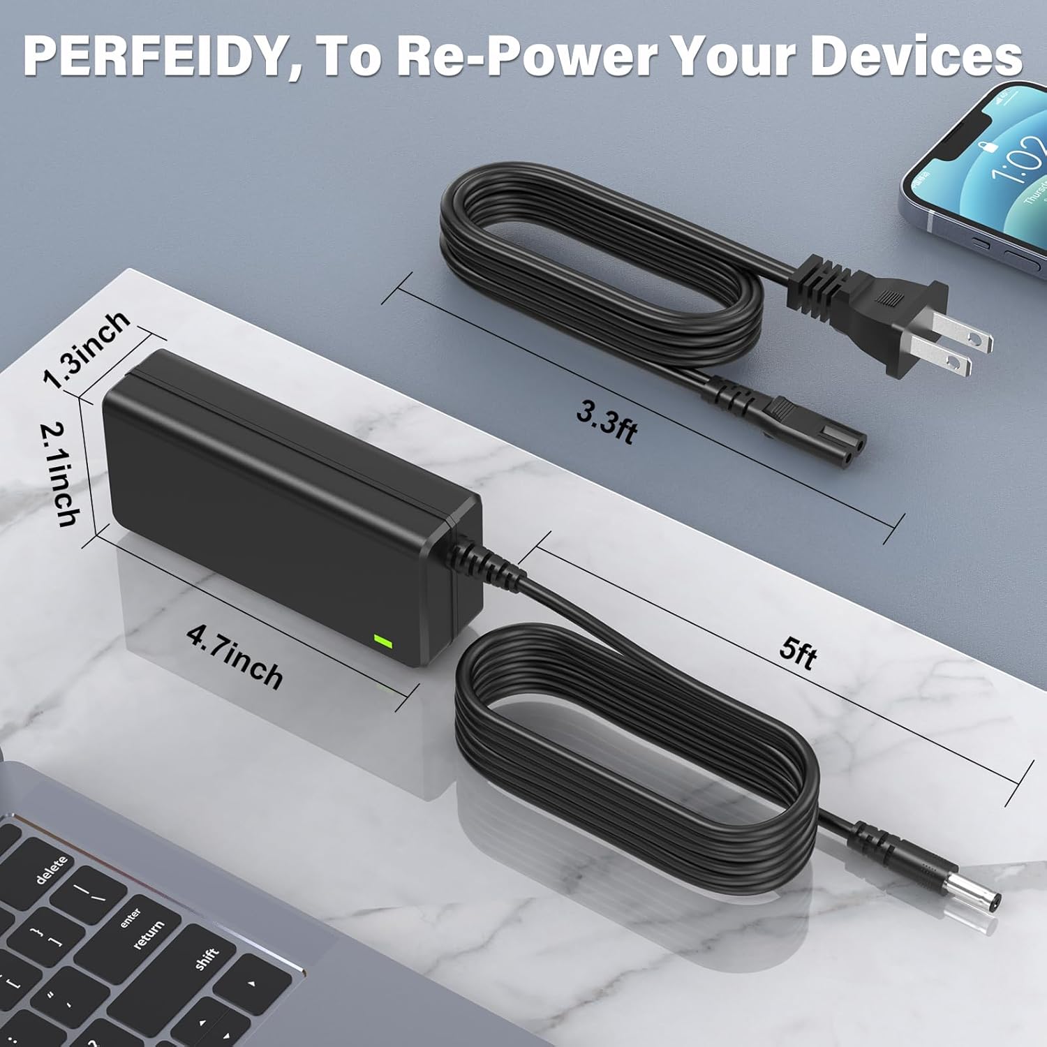 Diagram showing the dimensions of the PERFEIDY AC/DC Adapter
