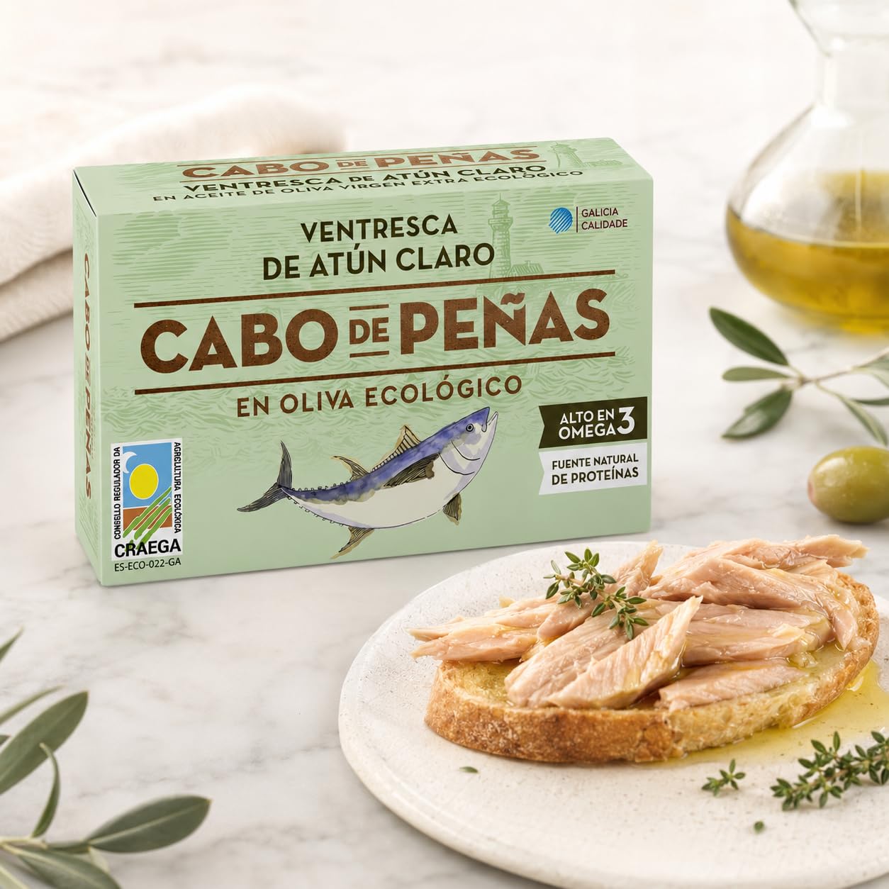 Pack 6 Ventresca de Atún Claro Cabo de Peñas Bio 111 g, 666 g total, en aceite de oliva virgen extra ecológico, conserva gourmet de textura suave y empacada a mano.