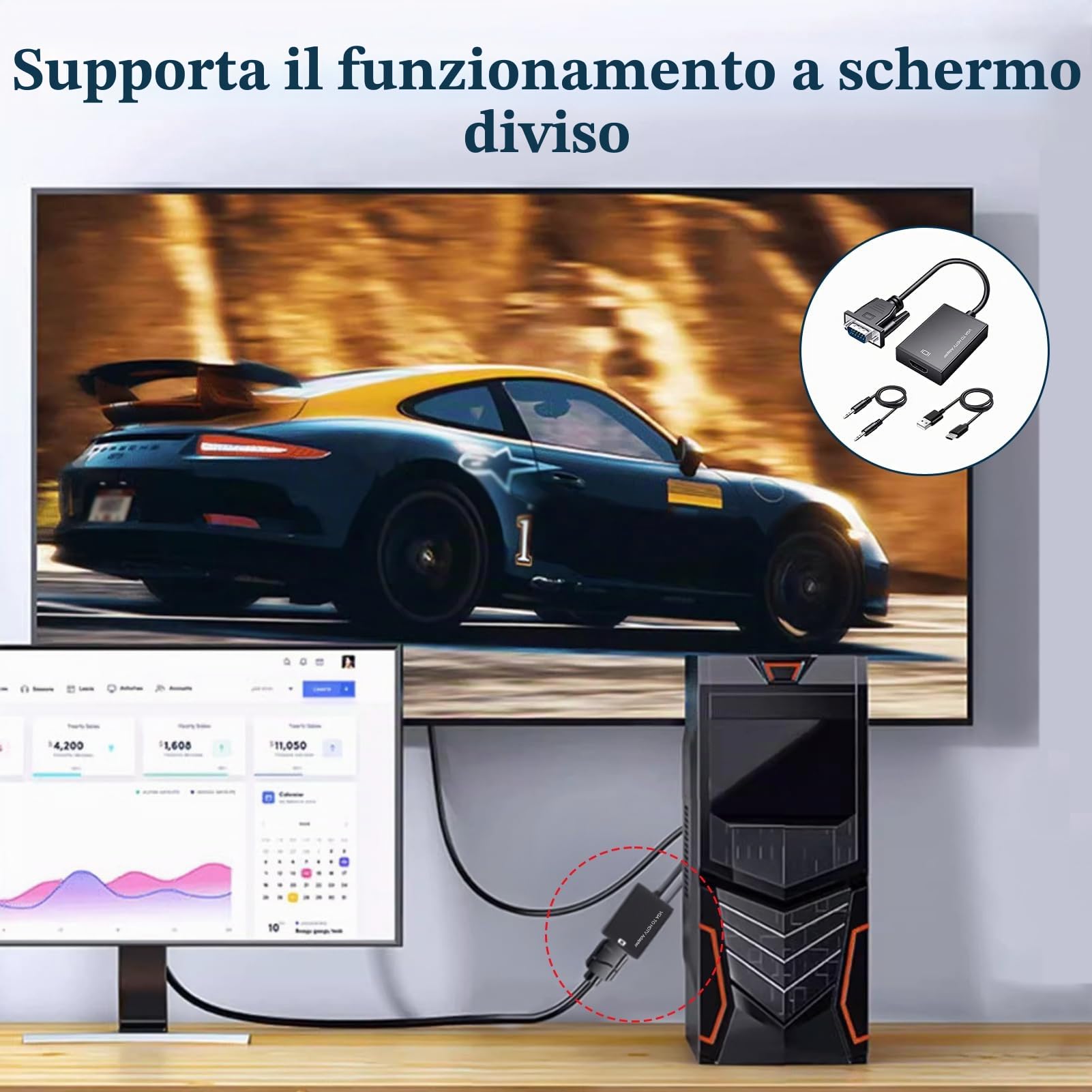 Adattatore da VGA a HDMI, 1080P Convertitore VGA Maschio a HDMI Femmina con Cavo Audio da 3,5 mm e Cavo USB, Compatibile con PC Desktop Laptop Monitor Proiettore HDTV, per Trasmissione Video e Audio