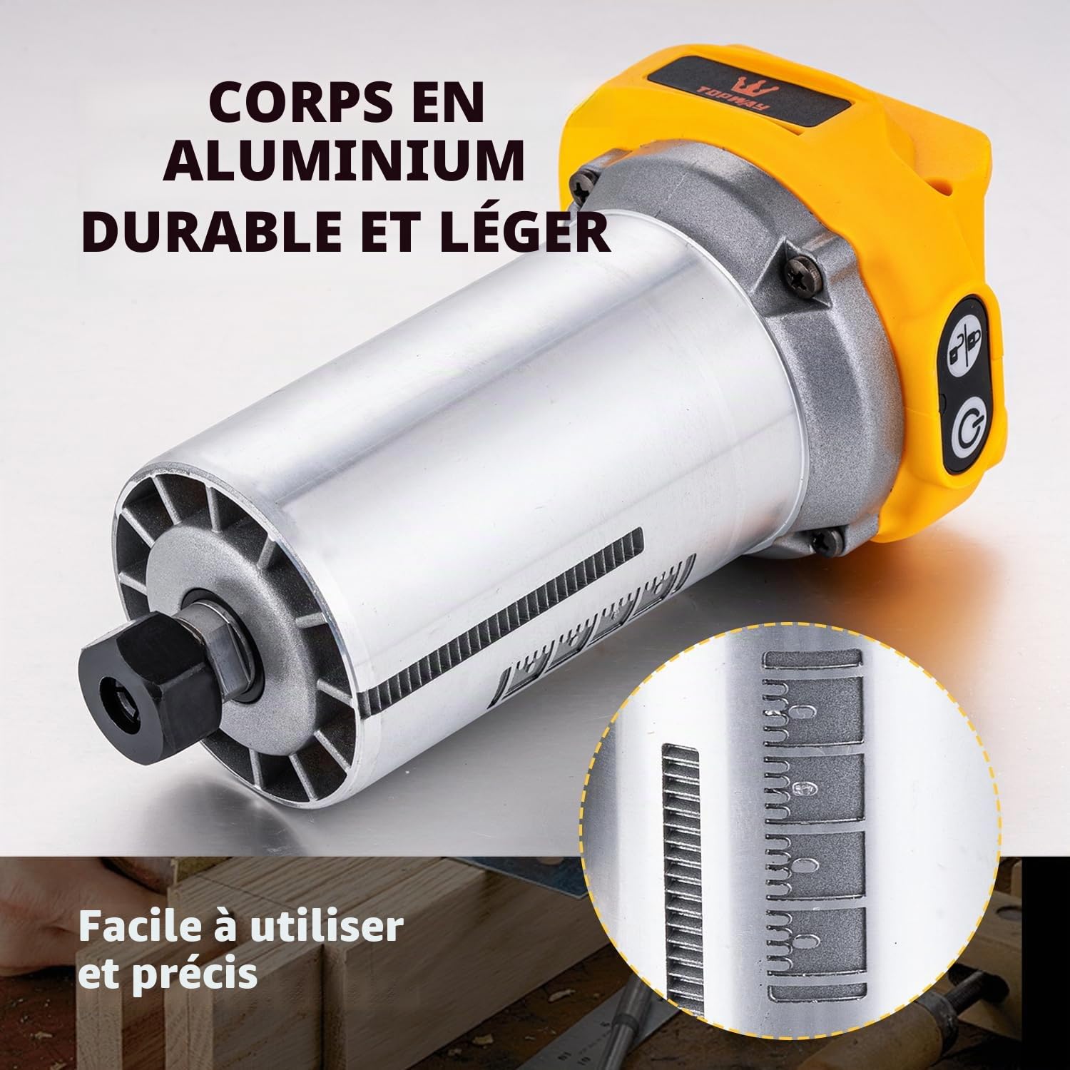 TOPWAY Défonceuse à bois portative sans fil 18 V – Compatible avec la batterie DeWa DCB184, vitesse variable, 3 pinces (1/4 po, 6 mm, 8 mm), base de coupe, sans batterie 102775