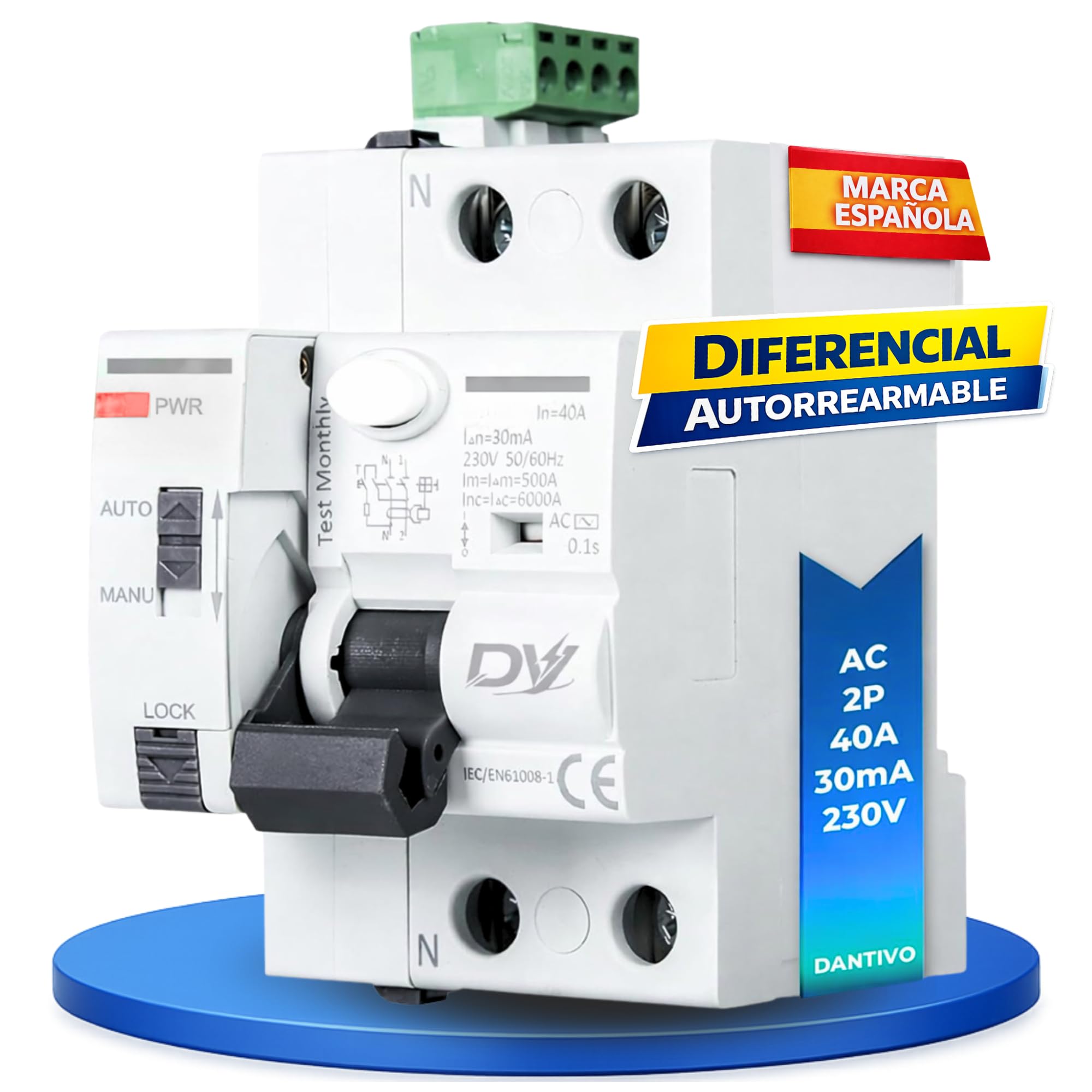 Diferencial Auto Rearmable 40A 30mA Tipo AC 2P – Interruptor Diferencial Rearme Automático Carril DIN – Diferencial Autorrearmable Automático Protección Eléctrica