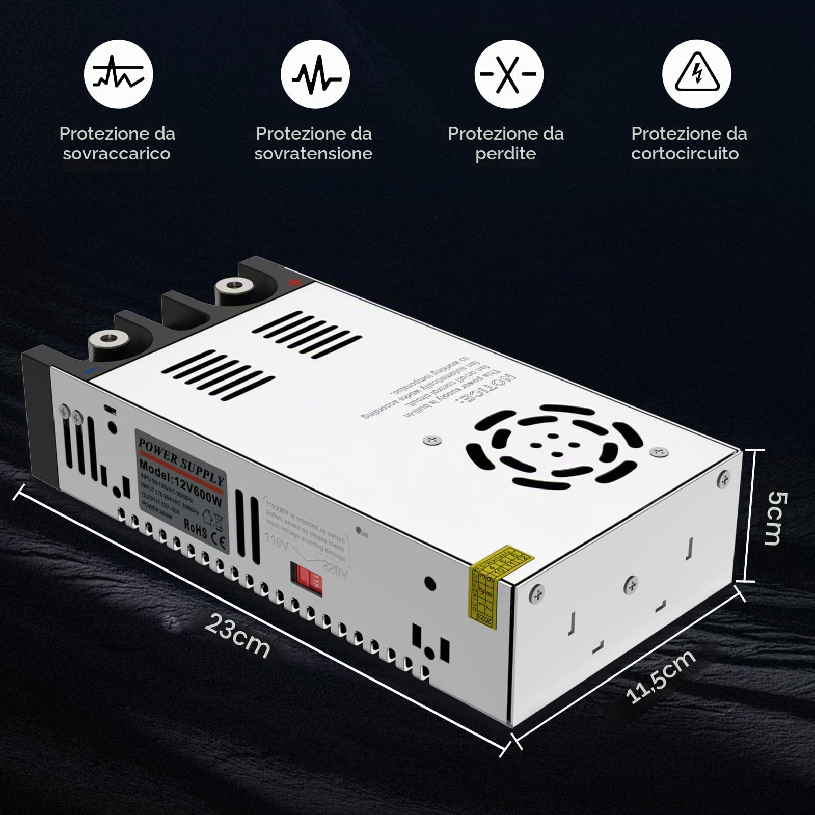 IMAYCC Alimentatore 12V 50A 600W, Trasformatore 220V 12V AC Alimentatore Switching Trasformatori per Riscaldamento Ausiliario, Alimentazione di Laboratorio, Illuminazione a LED, Sistemi Industriali.