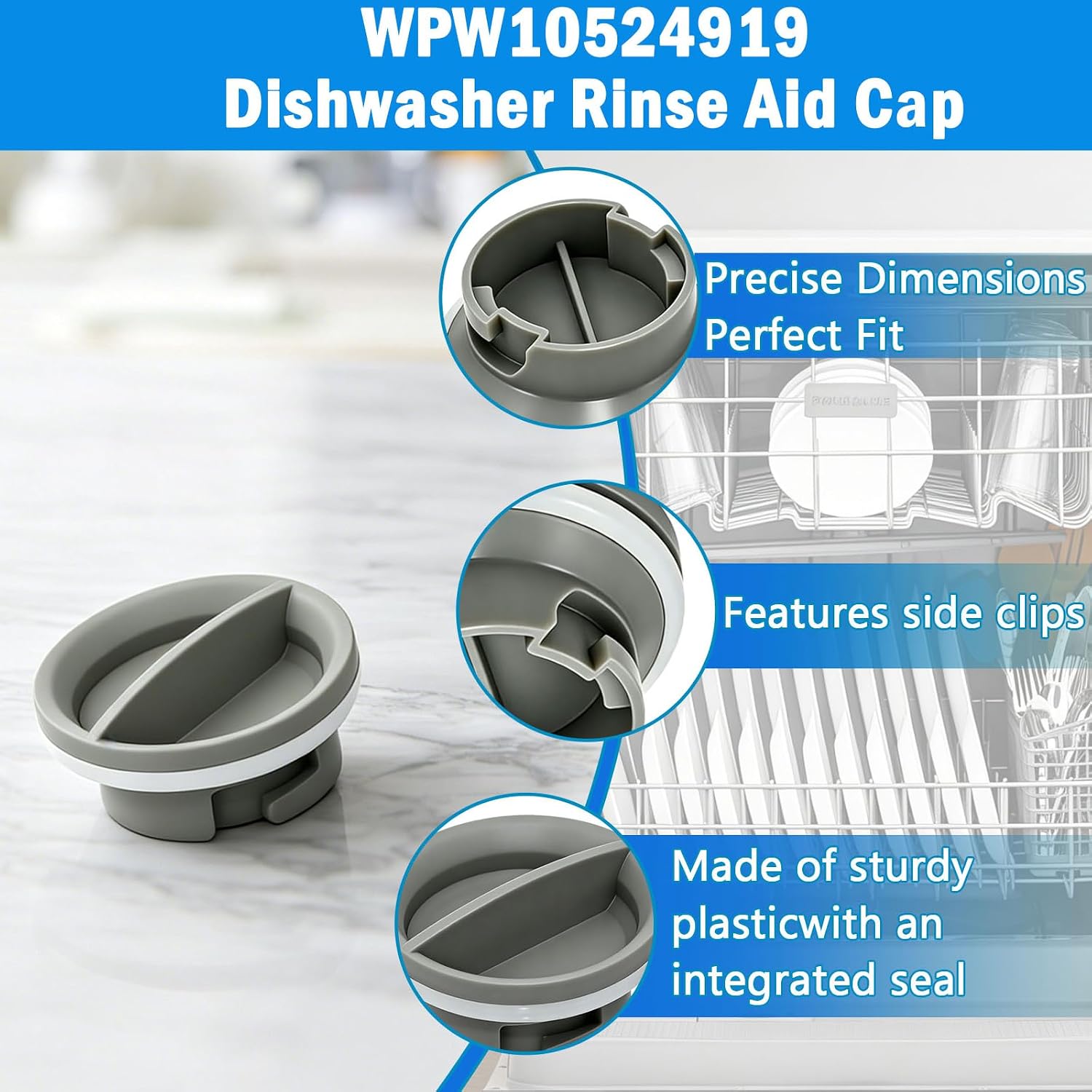 WPW10524919 Rinse Aid Dispenser Cap Replacement for Whirlpool Dishwasher, W10524919 Dispenser Cap Replace W10524923 Dishwasher Rinse Aid Dispenser Cap