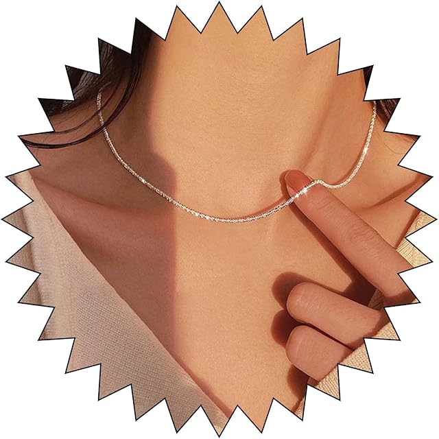 Yienate Super Sparkling Necklace Choker Clavicle Rope Italian Chain Shiny Sparkly Glitter Margarita Twisted Simple Chain Tiny Design Nightclub Prom Party Necklace Jewelry Gift for Women Girls
