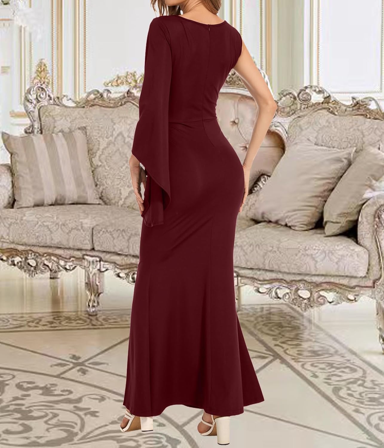 Women's Elegant One Bell Sleeve Side Split Bodycon Long Formal Evening Dress - Image 4
