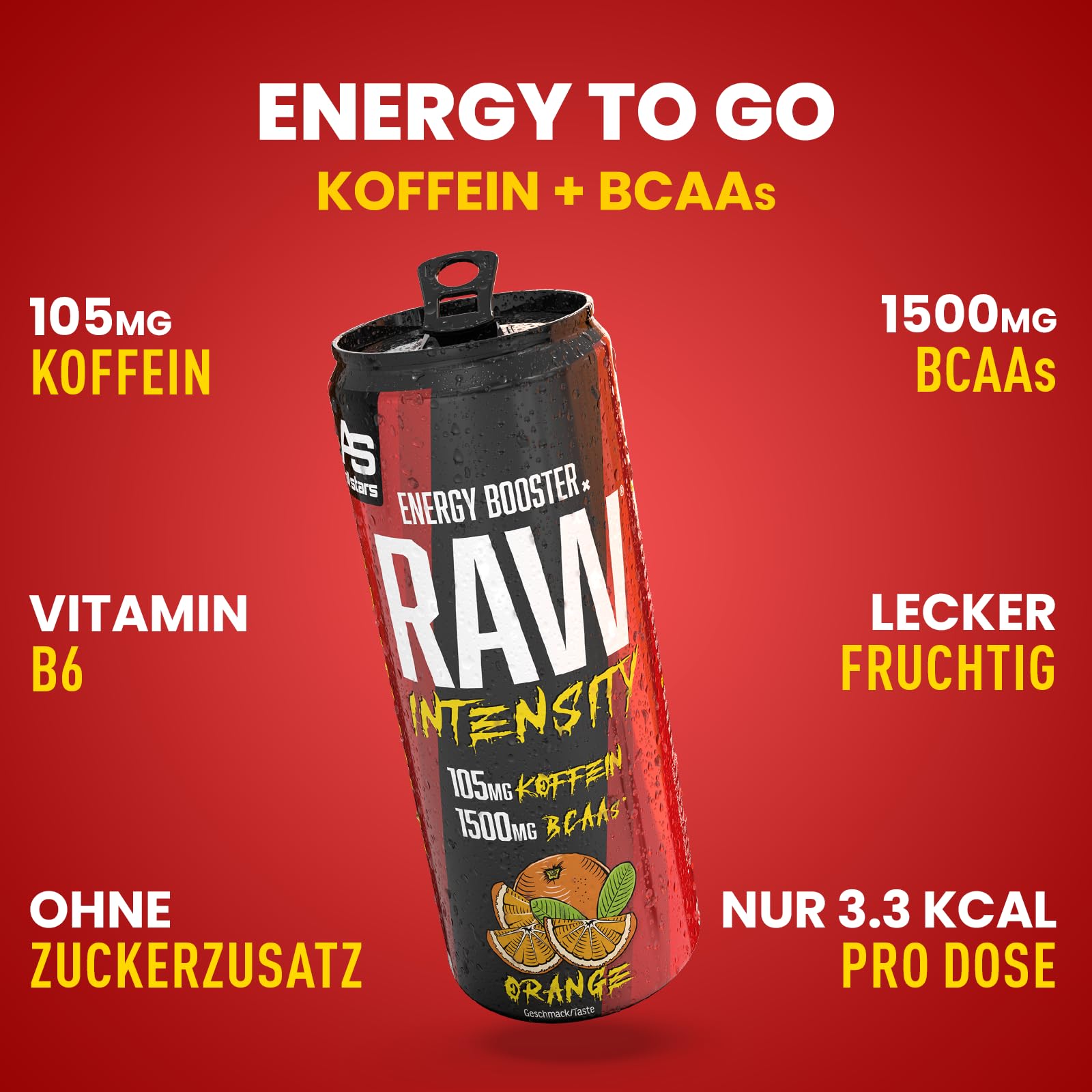 ALL STARS Raw Intensity Energy Drink zuckerfrei Orange, 24 x 330ml | Erfrischungsgetränk mit 1500mg Aminosäuren, 105mg Koffein und B Vitaminen, Pre-Workout Booster zur Trainingsunterstützung
