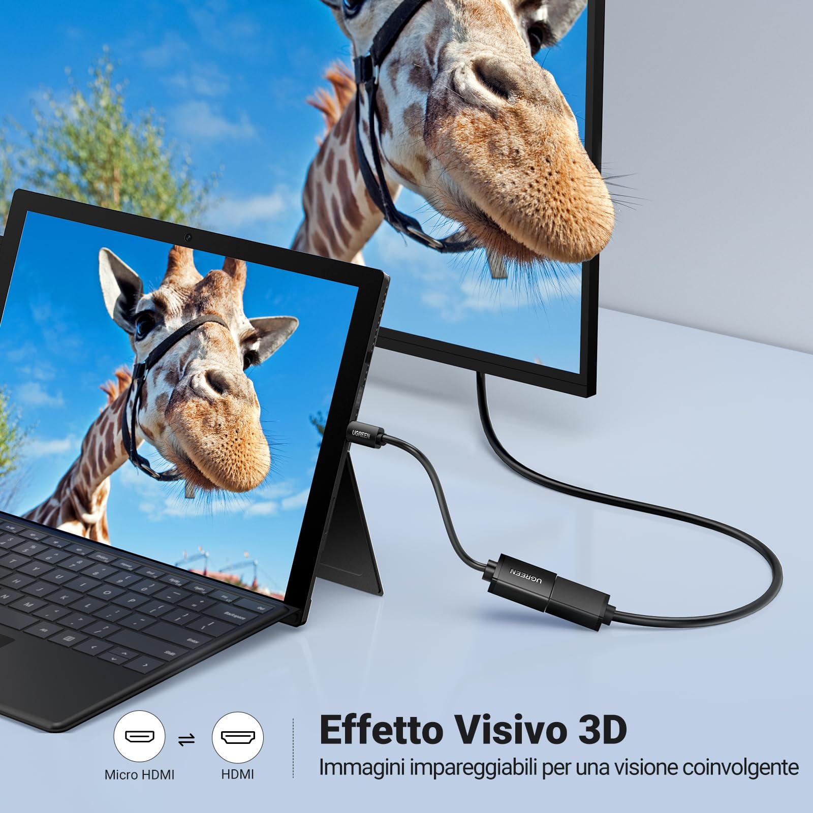 UGREEN Cavo Micro HDMI Maschio a HDMI Femmina 4K 3D Adattatore Micro HDMI a HDMI Supporta ARC Ethernet Compatibile Fotocamere Videocamera Cámara TV PC Laptop, 22CM