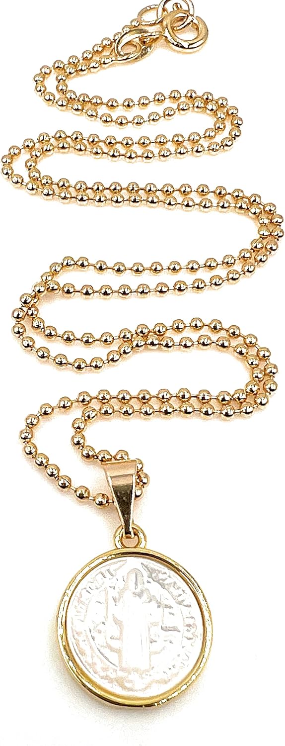 SIFRIMANIA Saint Benedict Mother of Pearl Medal Necklace Gold Plated Ball Chain Handmade - Image 9