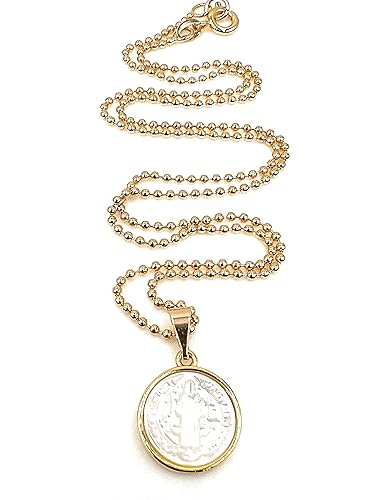 Miniatura 9 de Small Mother of Pearl Saint Benedict Medal 18k Gold Plated Ball Chain