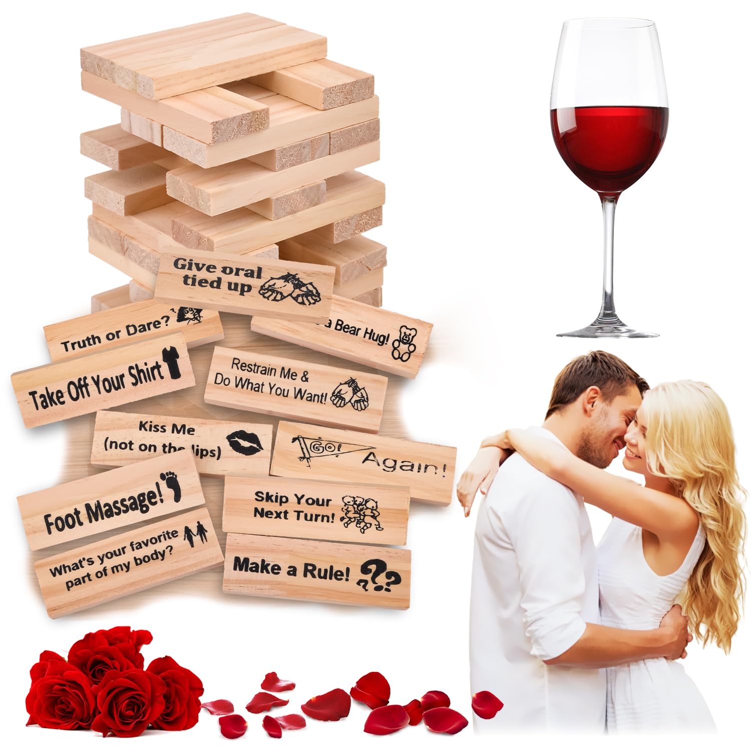 48Pcs Lust Tower Couples Games, Naughty Block Tower Game, Valentine Tumbling Tower Stacking Blocks Game, Night Party Game Gift for Adults, Wooden Blocks with Dare Questions and Challenges