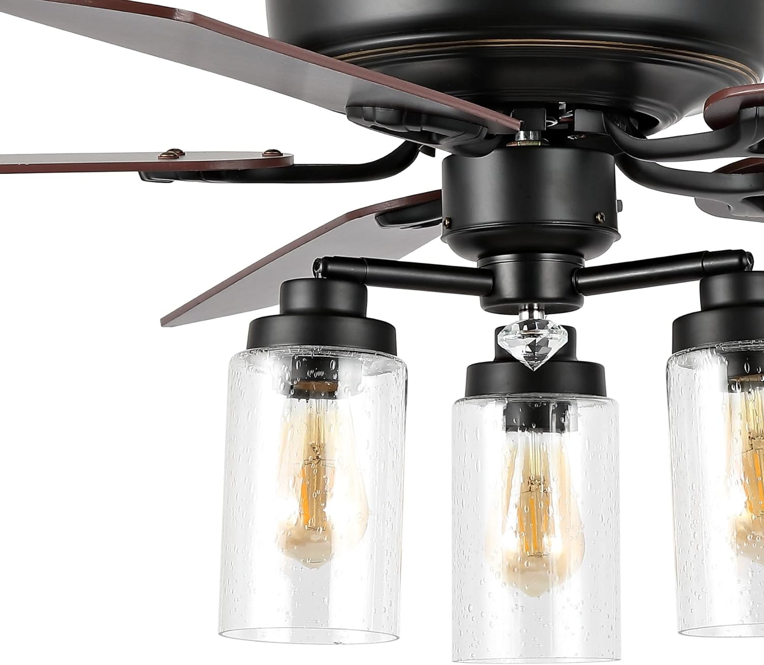 JONATHAN Y 52" Black 3-Light Iron and Wood LED Ceiling Fan, App and Remote Control, Seeded Glass Shades, Rustic Industrial Farmhouse Style, LED Bulbs Included JYL9614A