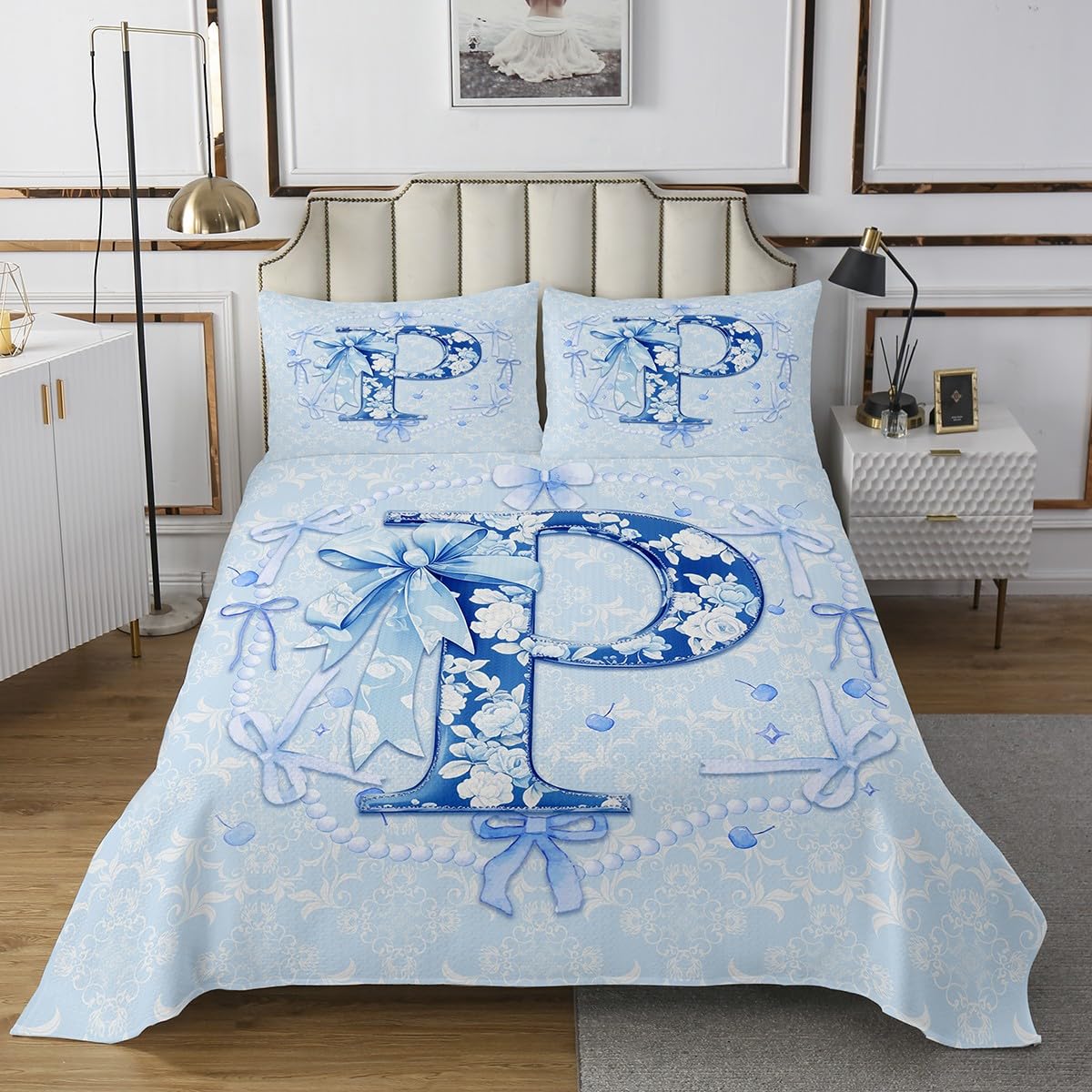 Erosebridal Blue Floral Bow Bedspread Set Twin Size Initial Flower Coquette Bow Coverlet Set Teen Girl Blue Bowknot Monogram P Bed Sets Preppy Bows Initial Birthday Gifts for Princess(P)