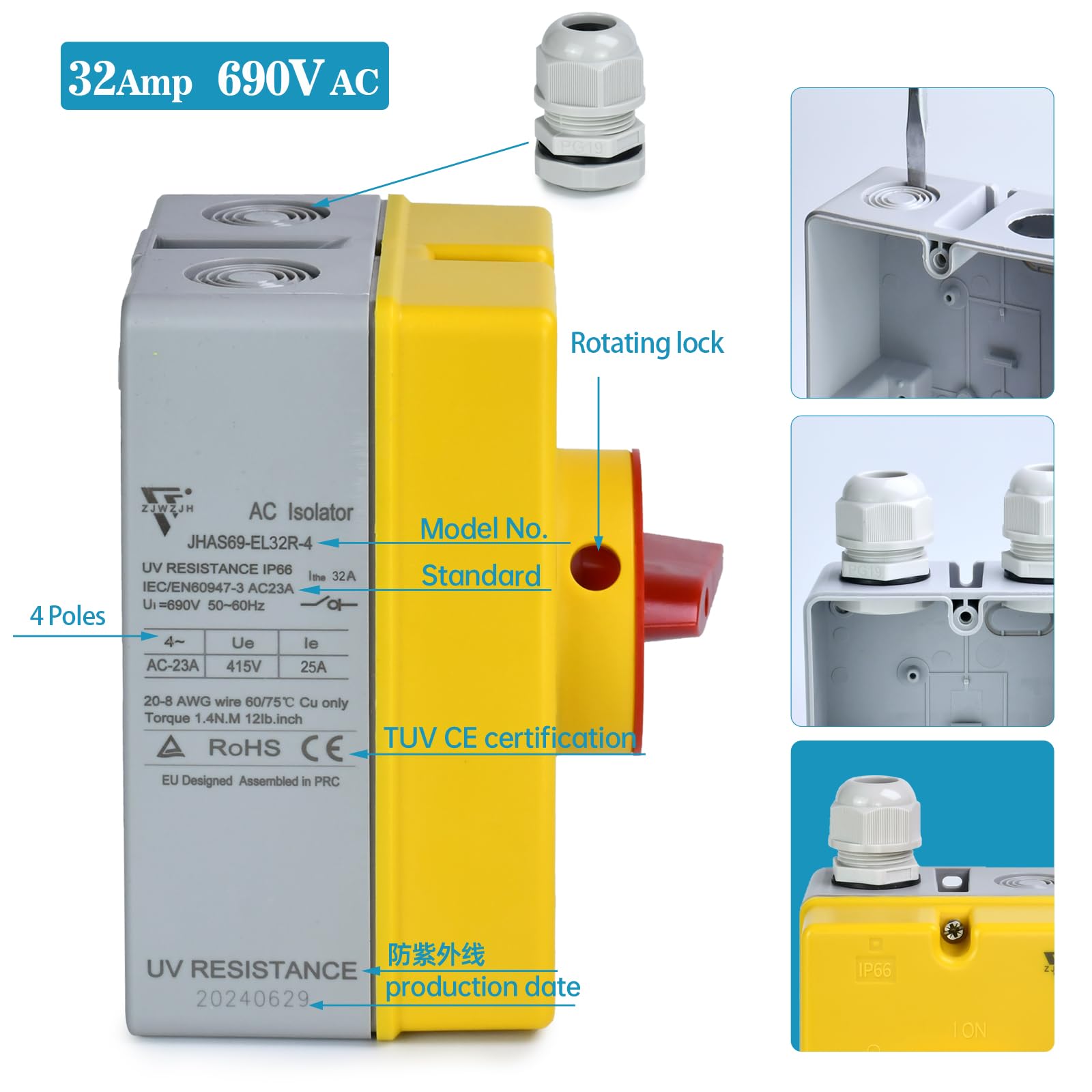 Disconnect Off Machine Snapklik.com : 32 Amp Disconnect Switch IP66 Waterproof 690V AC ...