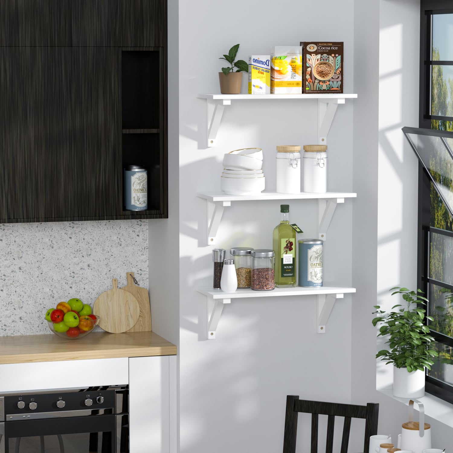 Estanteria Pared de 3 Niveles, Estantes de Pared de Madera Natural, Baldas Pared Ideal para Salon, Dormitorio, Baño, Estudio, Cocina, Oficina, Pasillo, Blanco