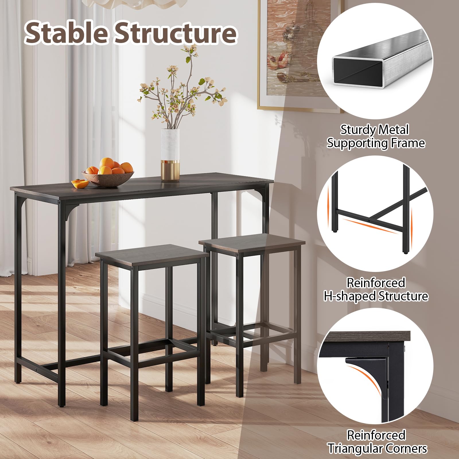 GIANTEX Juego de Muebles de Bar 3 Piezas, Mesa de Bar Rectangular y 2 Taburetes con Reposapiés, Diseño Compacto, para 2 Personas, Muebles para Comedor, Cocina (Gris)