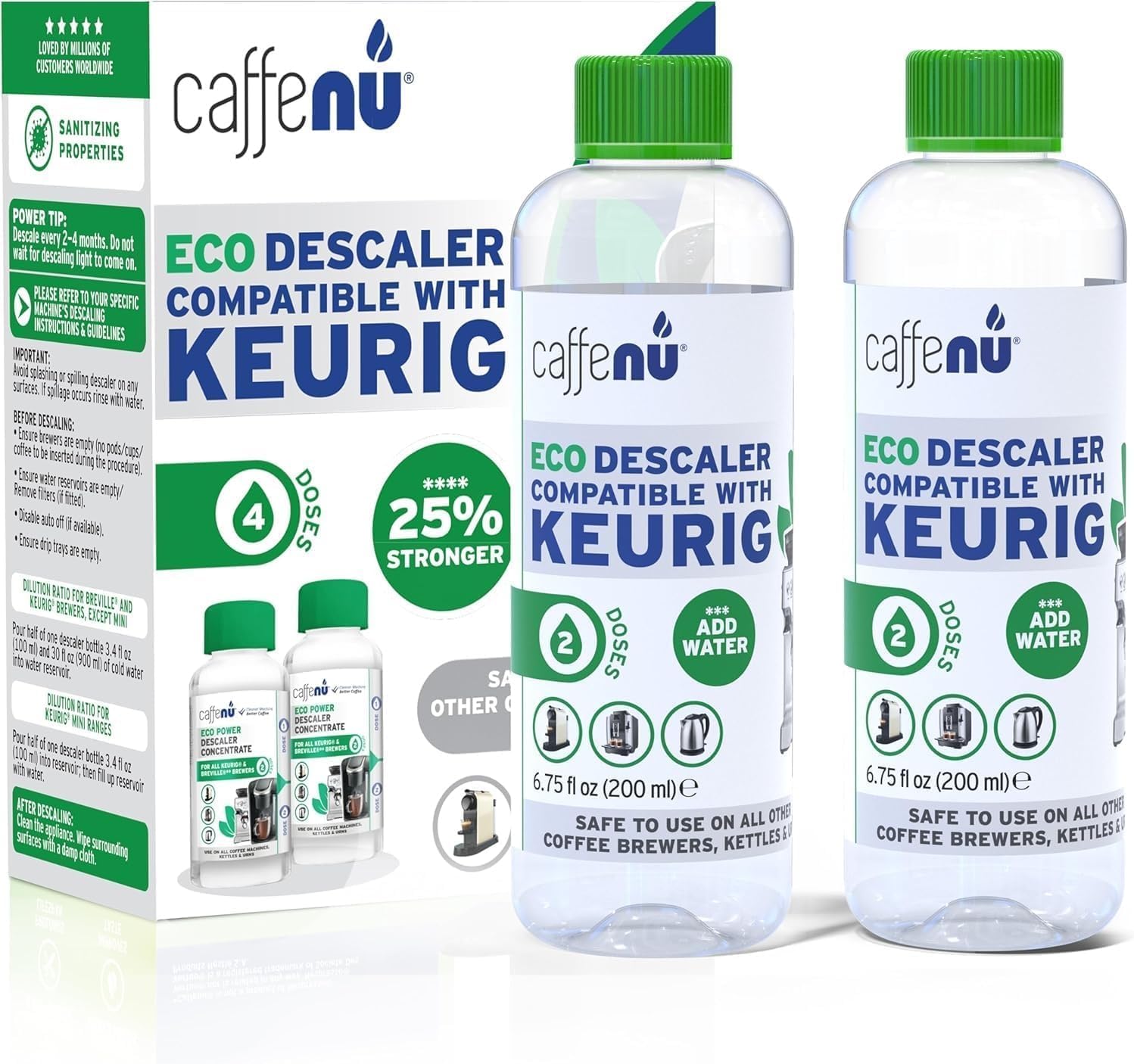 Caffenu Descaling Solution for Keurig Machines (2 bottles - 4 Uses). Universal Descaler Compatible with Keurig, Breville, Nespresso & All Other Espresso Machines. Removes Limescale
