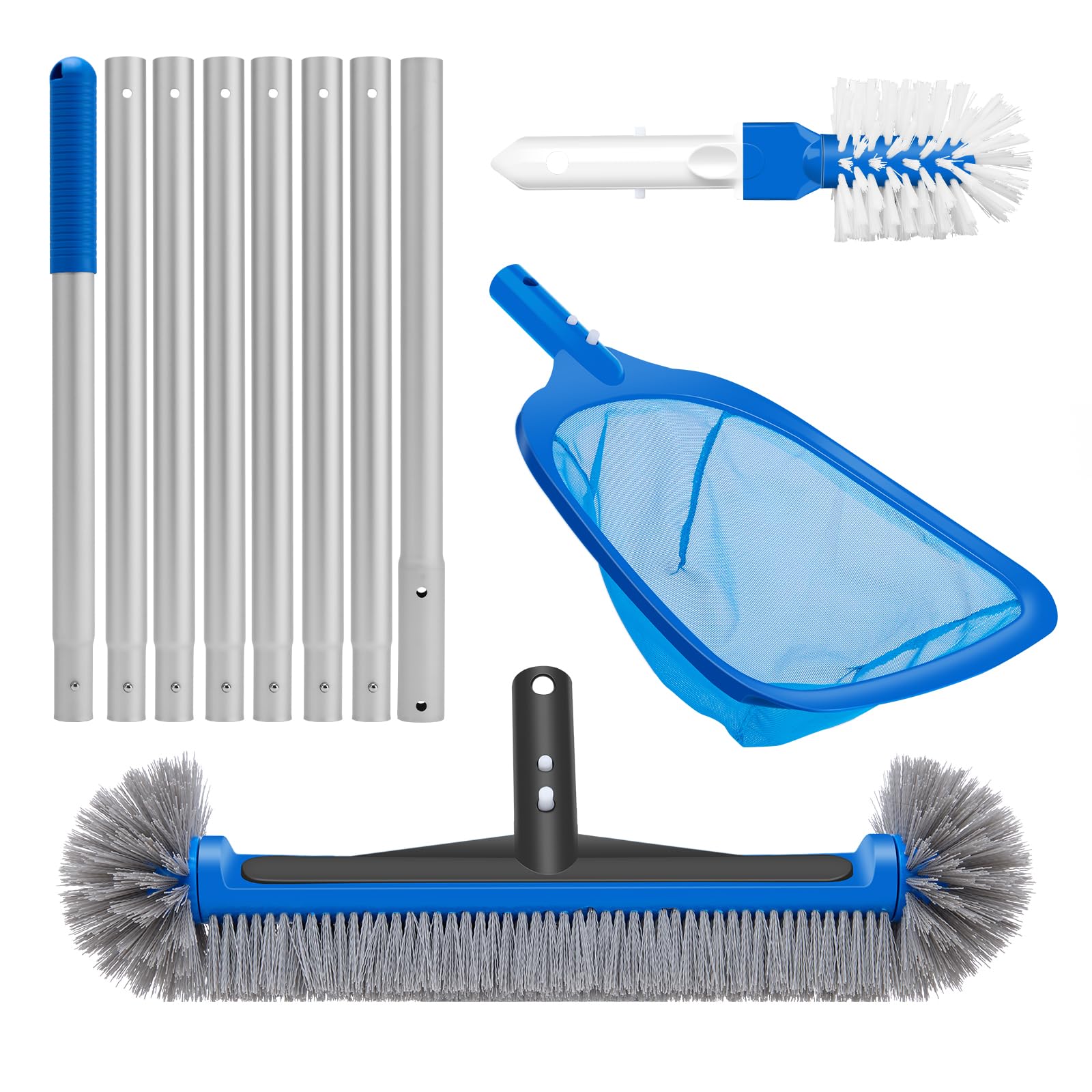 4-in-1 Deluxe Pool Cleaning kit, Pool Cleaning Tools with 10Ft Adjustable Pole, 13.4'' Fine Mesh Skimmer Net, 17.3'' Swimming Pool Brush & Extra Brush Head for Cleaning Inground & Above Ground Pools