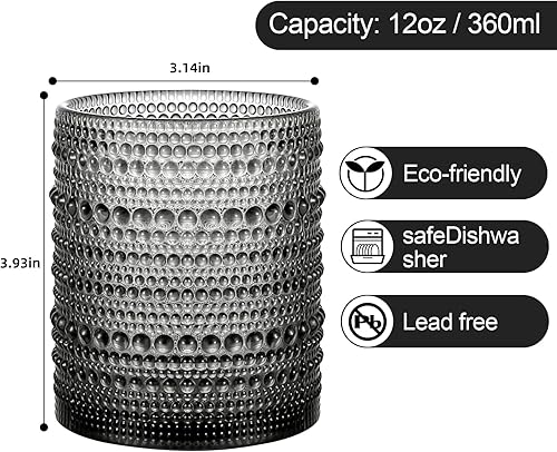 Miniatura 9 de Juego de vasos de vidrio vintage de 6 vasos de vidrio de hobnail de 12 onzas, vaso de agua azul en relieve, para cerveza, cóctel, whisky, jugo y