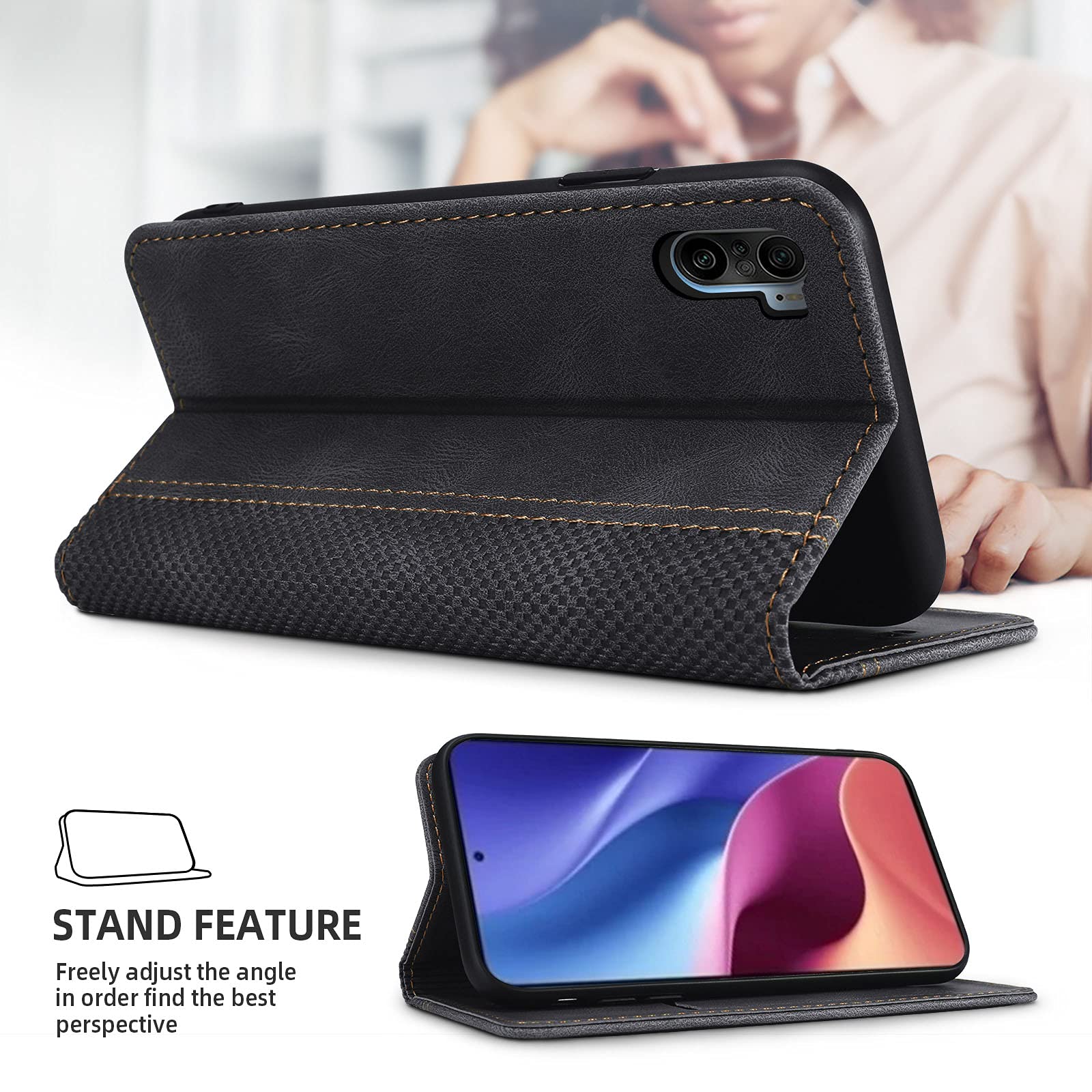 AKABEILA Cover per Xiaomi Poco F3 Pelle Custodia per Xiaomi Poco F3 Cover Flip Portafoglio Magnetica Stand Covers Frosted Porta Telefono Nero