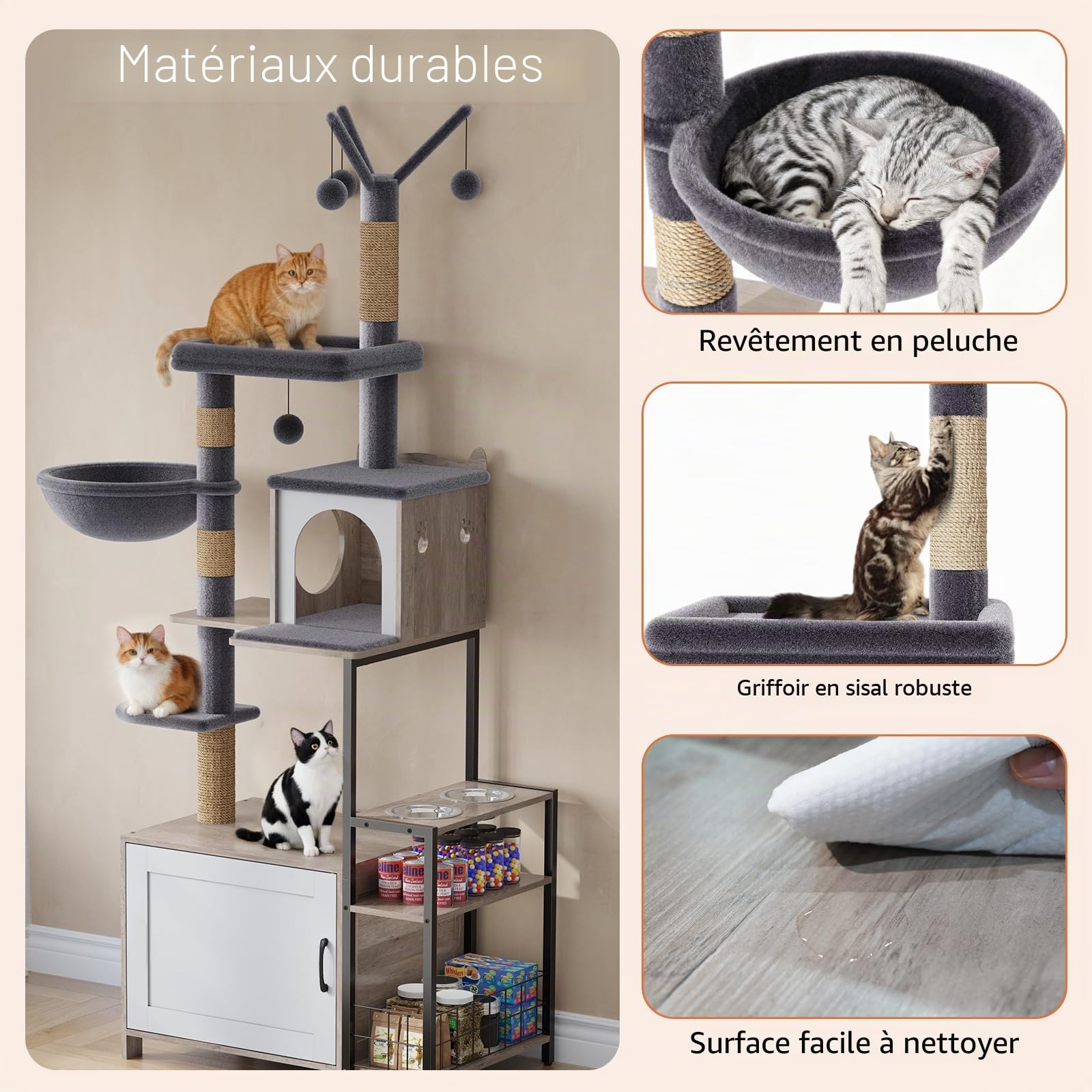 HavenlyYouth Arbre à chat avec gamelles et bac à litière, tour à chat à plusieurs niveaux avec griffoirs en sisal pour le jeu, hamac en peluche gris pour plus de confort