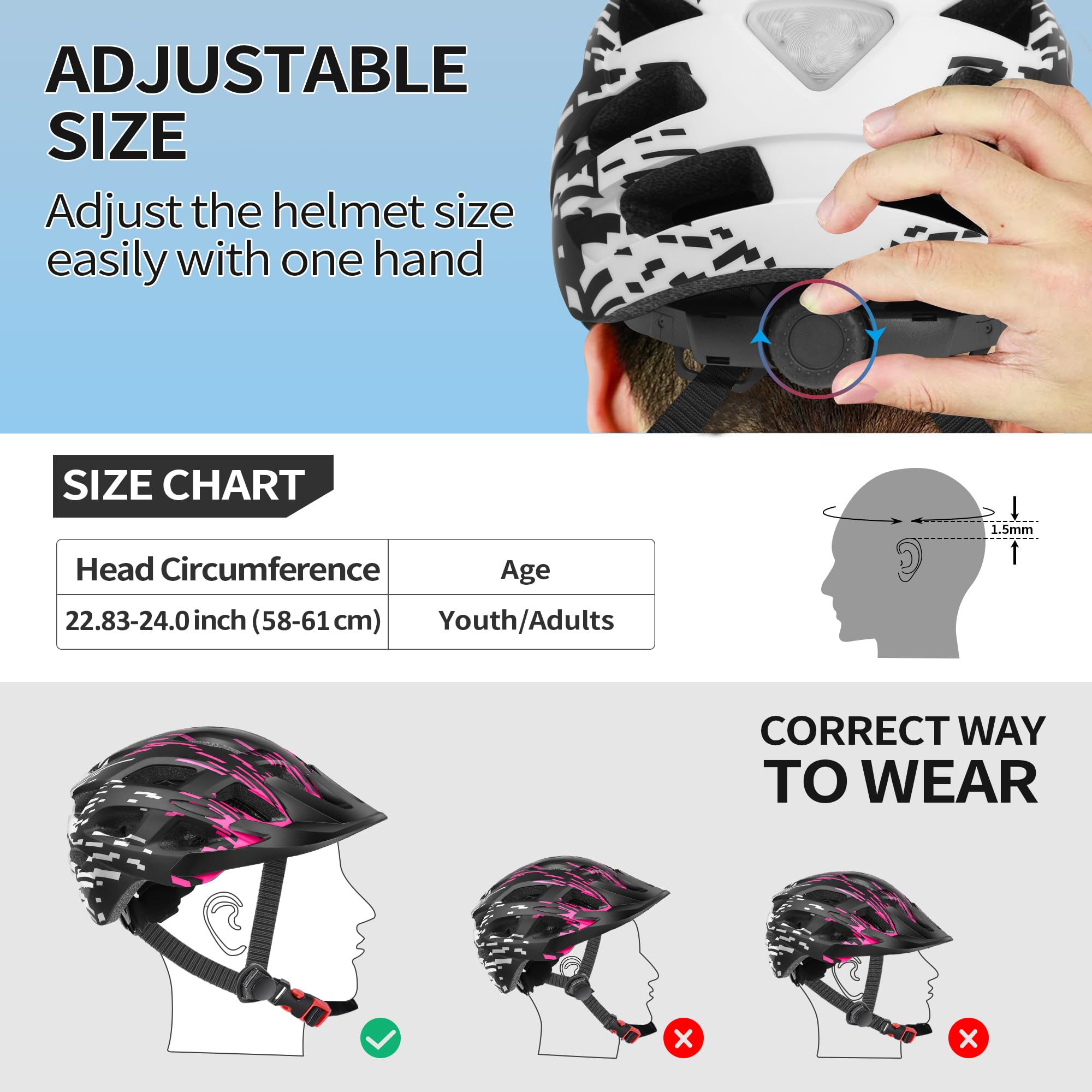 Bike Helmet Lightweight with Tail Light and Detachable Visor, 21 Vents, Adult Bike Helmet, Mountain Road Bike Helmet for Men Women, Adjustable Size 22.4-24 inch(Black+Pink) Sports & Outdoors