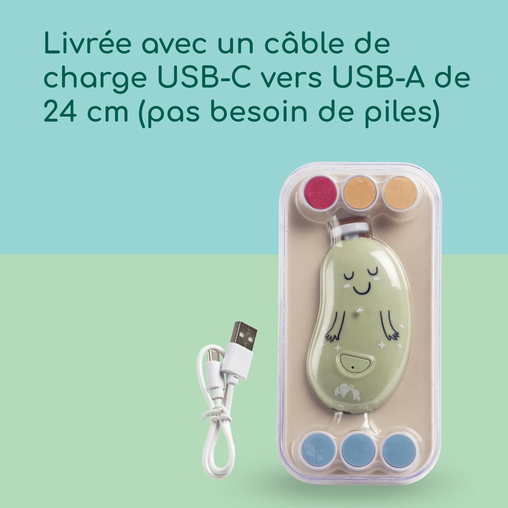 Bebeconfort Lime à Ongle Electrique Bebe, Dès la Naissance, Pour Bébé et Tout-petit, 7 Limes à Ongles Avec Différentes Textures, Recharge USB-C, 3 Vitesses, LED Intégrée, Étui De Rangement, Vert
