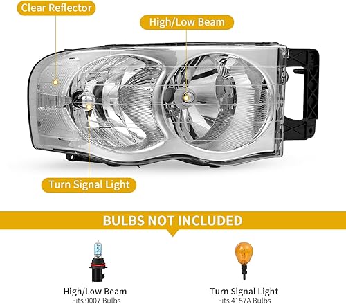 Miniatura 2 de DWVO Conjunto de faros delanteros compatible con 02 03 04 05 Dodge Ram 1500 2500 3500 Pickup reemplazo de carcasa cromada reflector transparente
