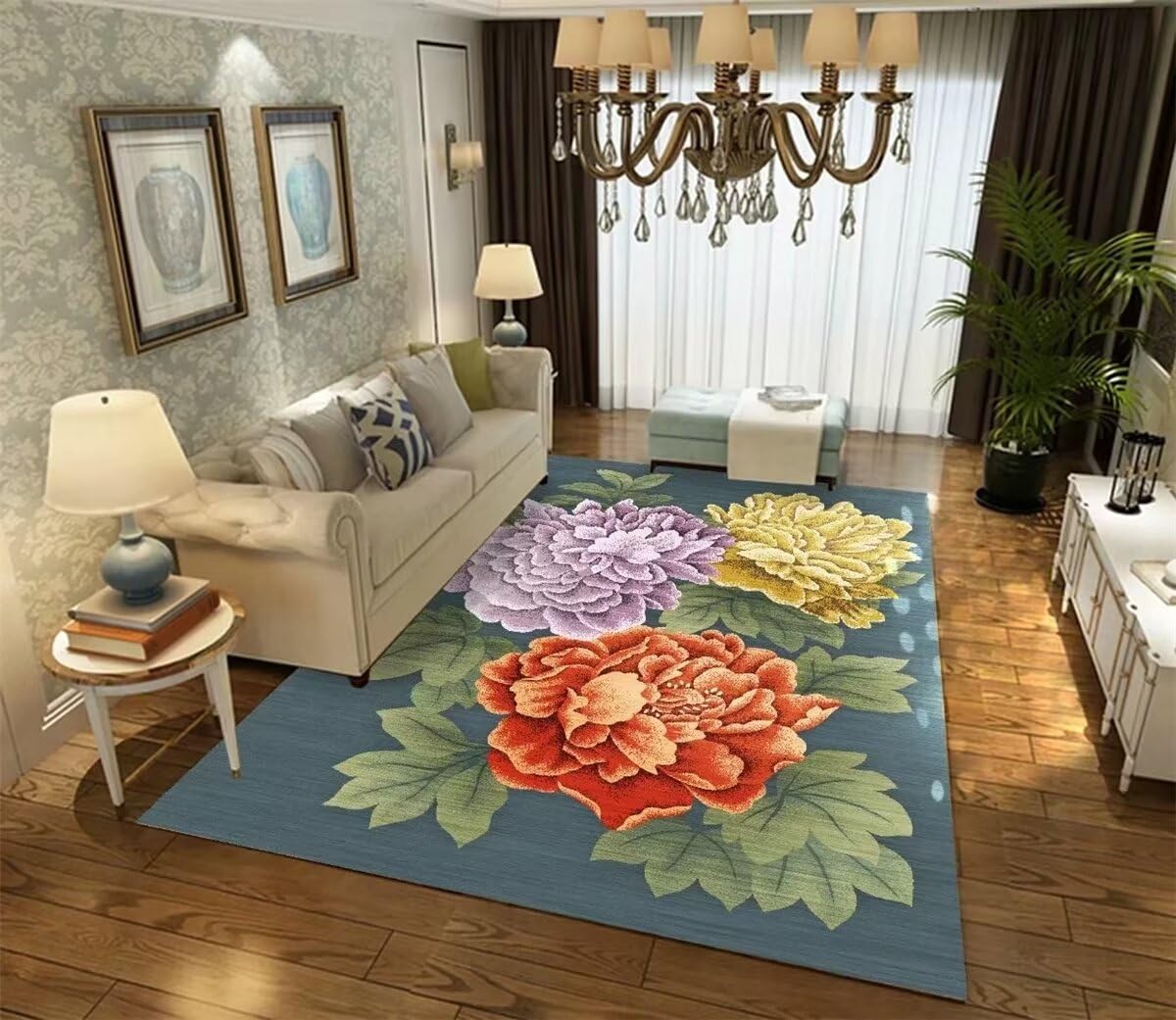Tapis pour chien grande taille 80x150cm lavable et tapis de chambre floral multicolore