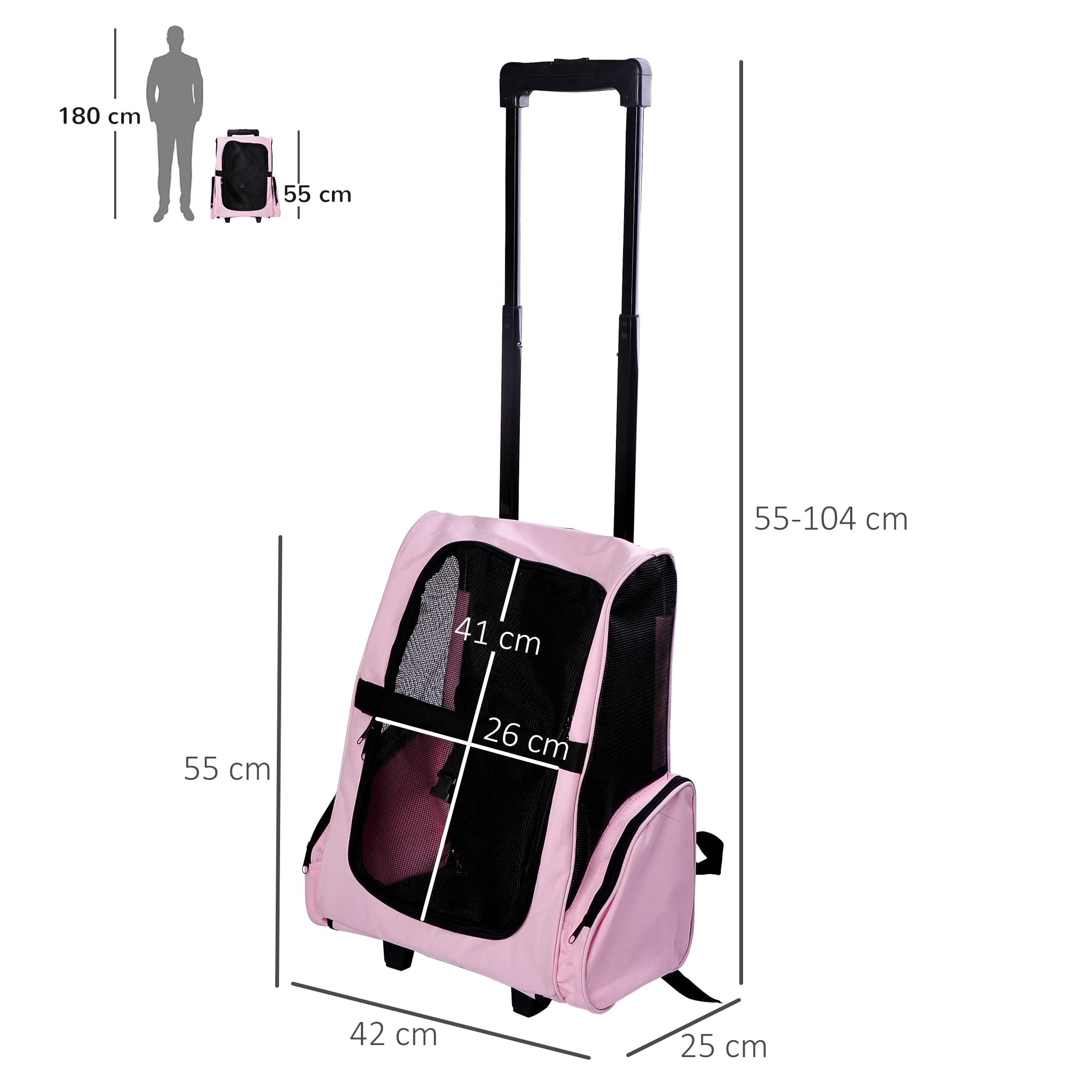 PawHut Trasportino Zaino 2 in 1 per Cani e Gatti, 42x25x55cm, Rosa